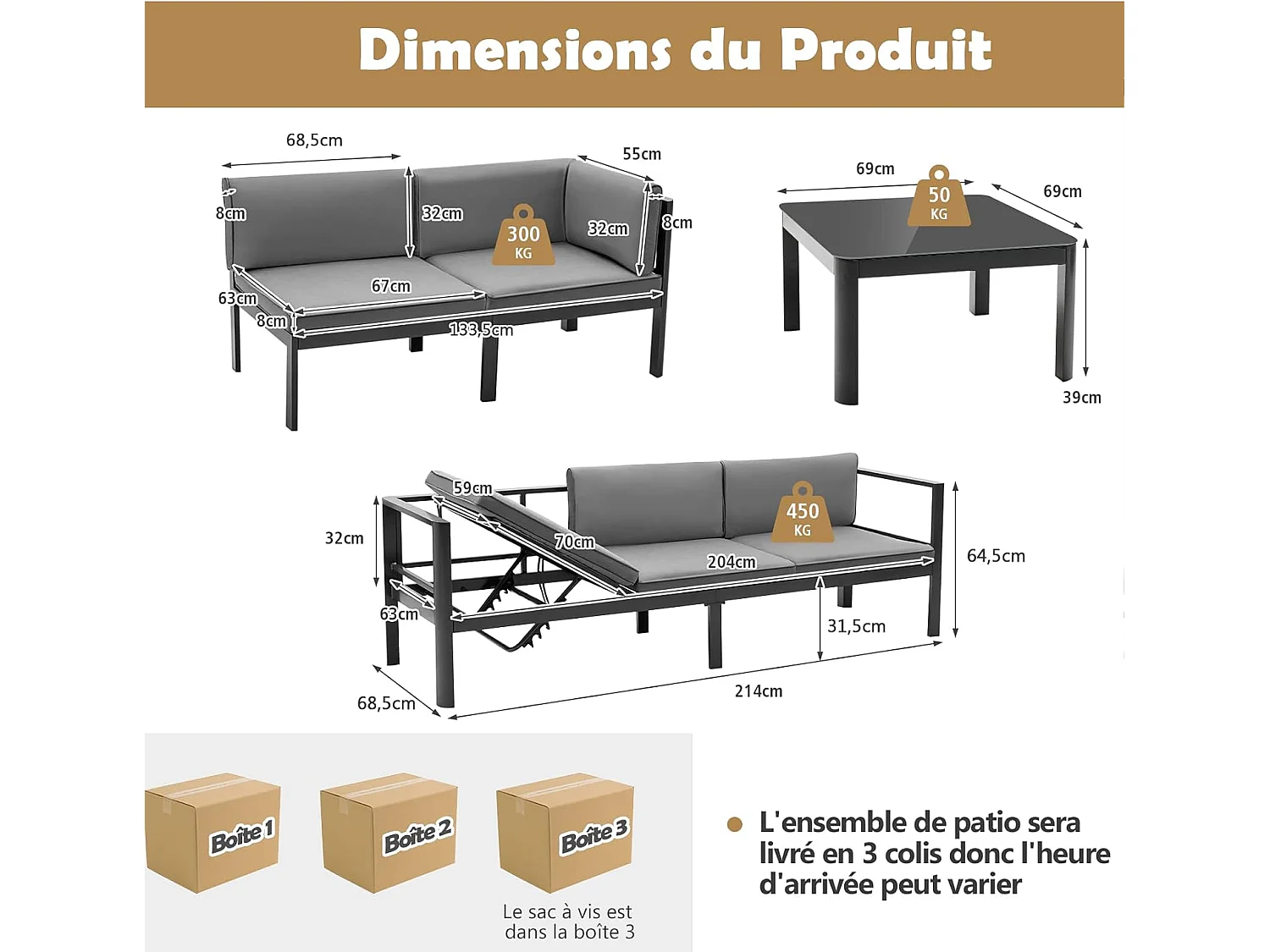 Salon de Jardin 5 Places en Aluminium 3 Pièces avec Dossier Inclinable à 6 Niveaux, Ensemble de Canapé de Patio Plateau de Table en Verre Trempé, Coussins de Siège et Dossier InclusGris