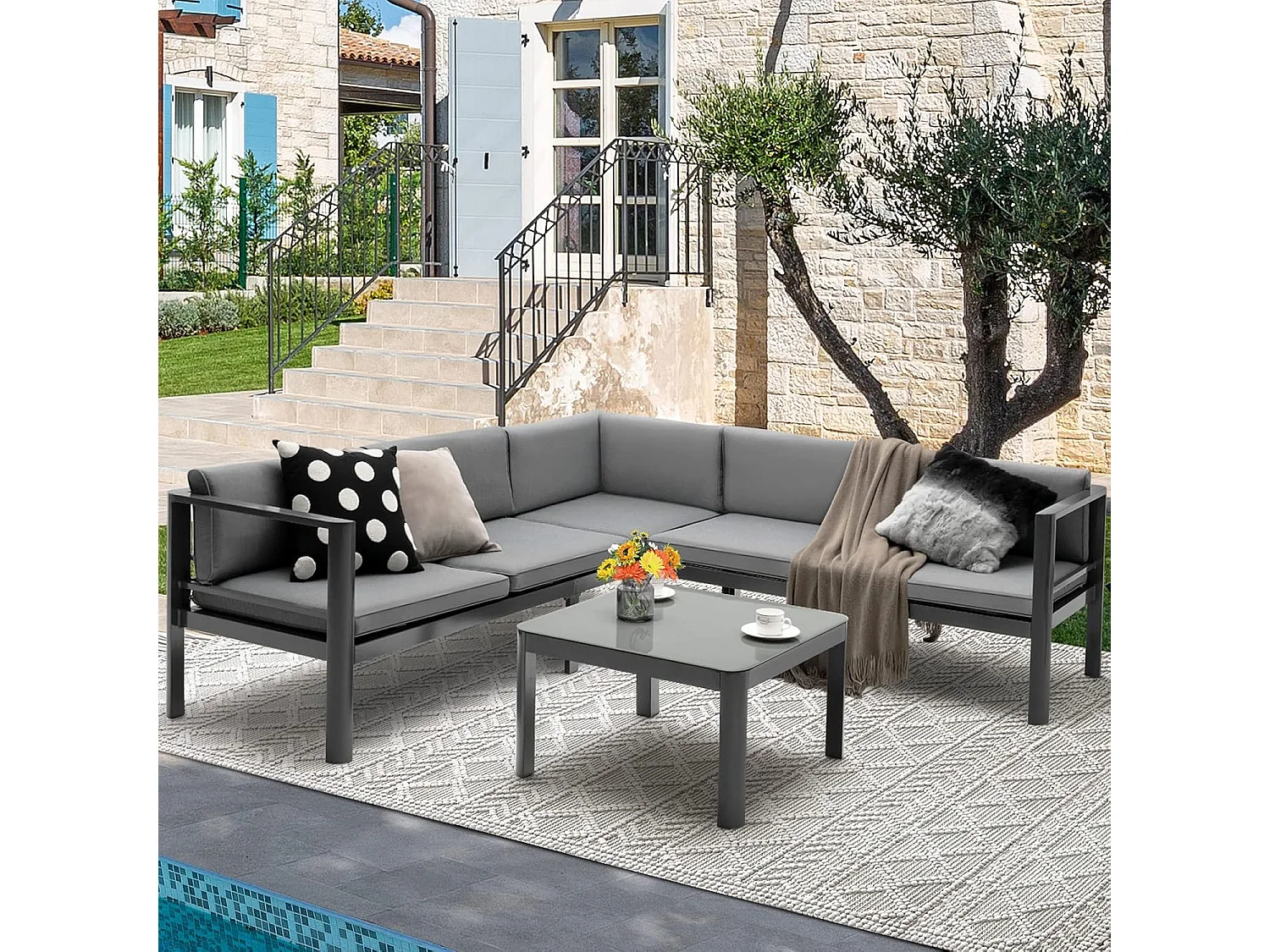 Salon de Jardin 5 Places en Aluminium 3 Pièces avec Dossier Inclinable à 6 Niveaux, Ensemble de Canapé de Patio Plateau de Table en Verre Trempé, Coussins de Siège et Dossier InclusGris