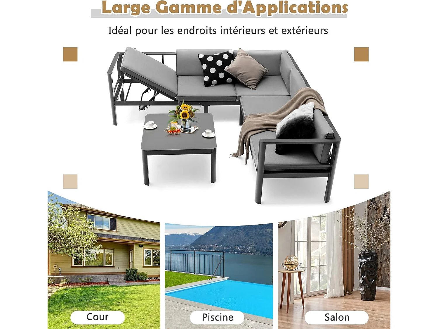 Salon de Jardin 5 Places en Aluminium 3 Pièces avec Dossier Inclinable à 6 Niveaux, Ensemble de Canapé de Patio Plateau de Table en Verre Trempé, Coussins de Siège et Dossier InclusGris