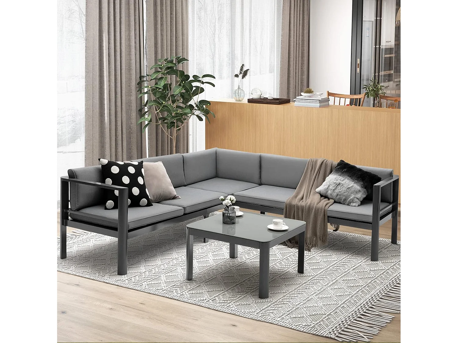 Salon de Jardin 5 Places en Aluminium 3 Pièces avec Dossier Inclinable à 6 Niveaux, Ensemble de Canapé de Patio Plateau de Table en Verre Trempé, Coussins de Siège et Dossier InclusGris