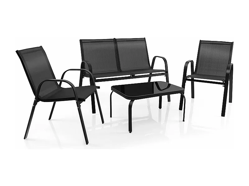 Ensemble Salon de Jardin 4 Pièces, 2 Fauteuils 1 Canapé 1 Table Basse en Verre, pour Terrasse, Piscine, Patio, Balcon,Gris