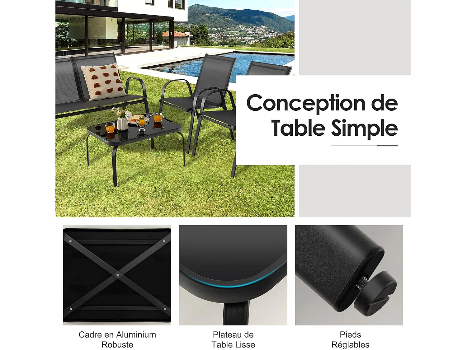 Ensemble Salon de Jardin 4 Pièces, 2 Fauteuils 1 Canapé 1 Table Basse en Verre, pour Terrasse, Piscine, Patio, Balcon,Gris