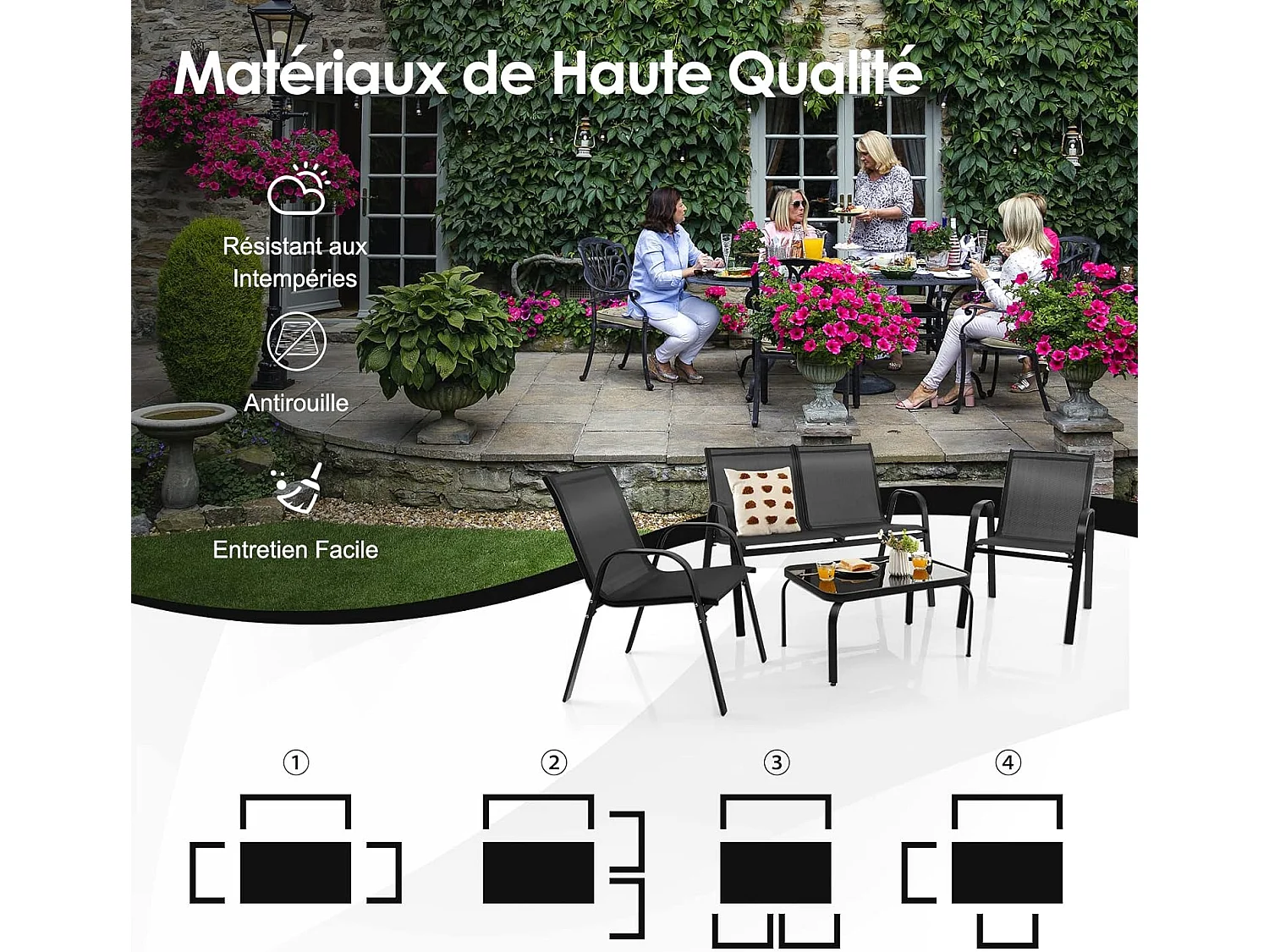 Ensemble Salon de Jardin 4 Pièces, 2 Fauteuils 1 Canapé 1 Table Basse en Verre, pour Terrasse, Piscine, Patio, Balcon,Gris