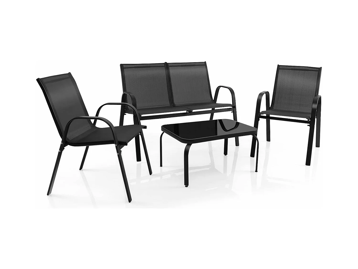 Ensemble Salon de Jardin 4 Pièces, 2 Fauteuils 1 Canapé 1 Table Basse en Verre, pour Terrasse, Piscine, Patio, Balcon,Gris
