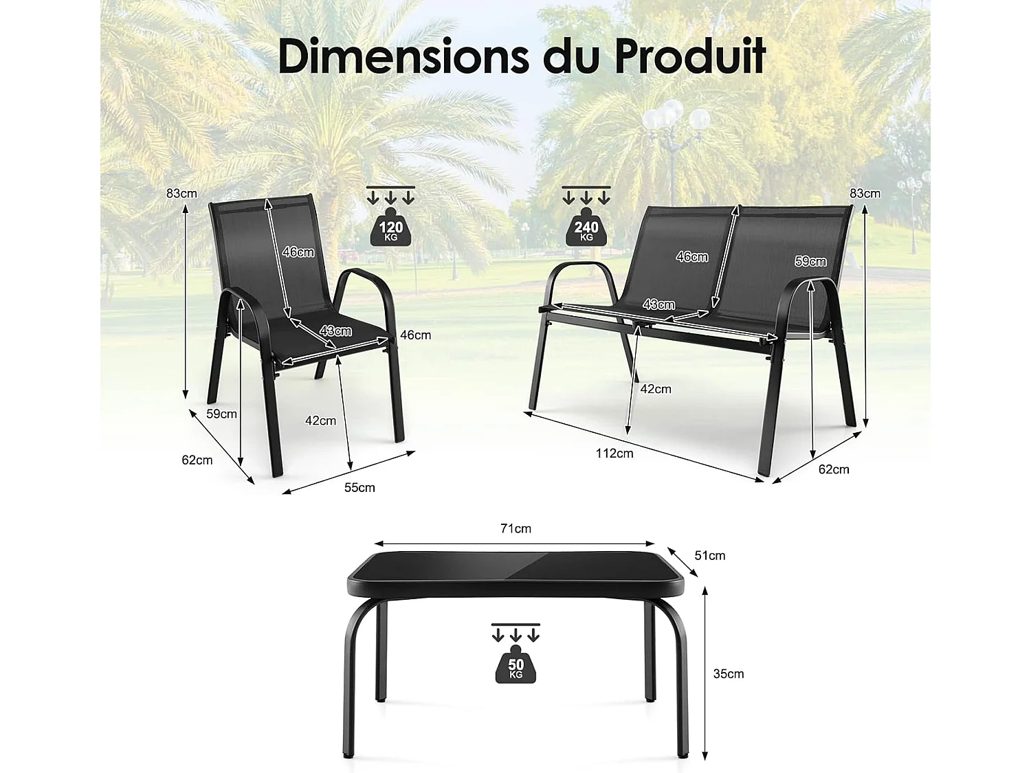 Ensemble Salon de Jardin 4 Pièces, 2 Fauteuils 1 Canapé 1 Table Basse en Verre, pour Terrasse, Piscine, Patio, Balcon,Gris