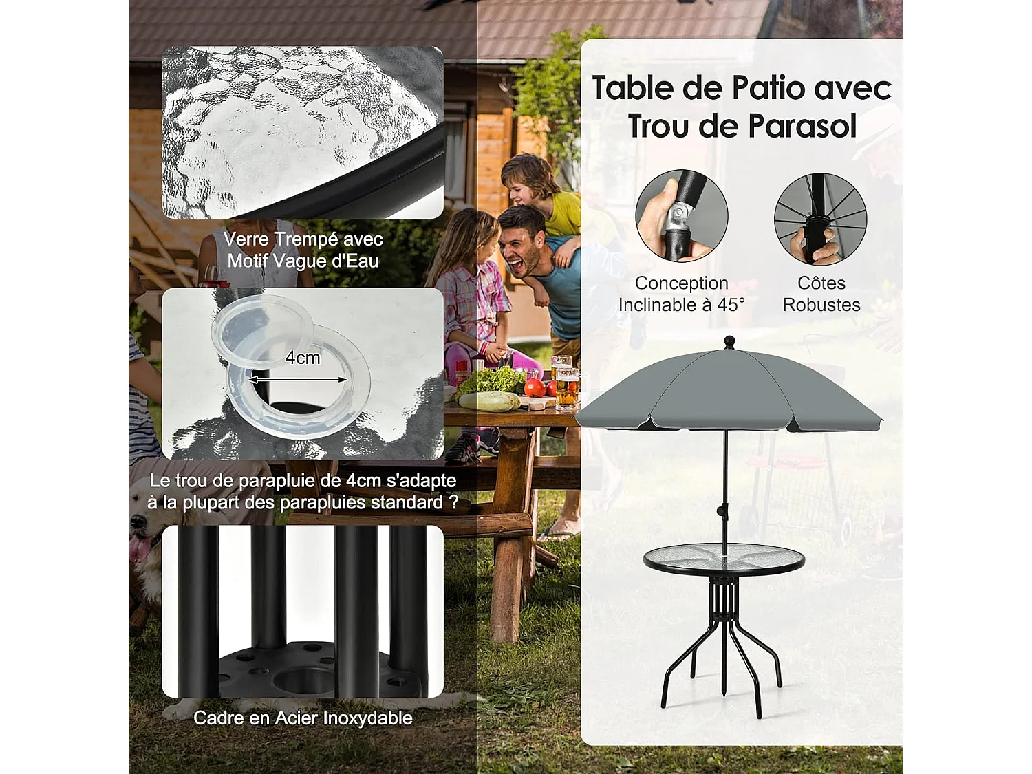 Ensemble Salon de Jardin 6 Pcs, 4 Chaises Pliantes Table Basse en Verre et Parasol, pour Terrasse, Piscine, Cour, Noir