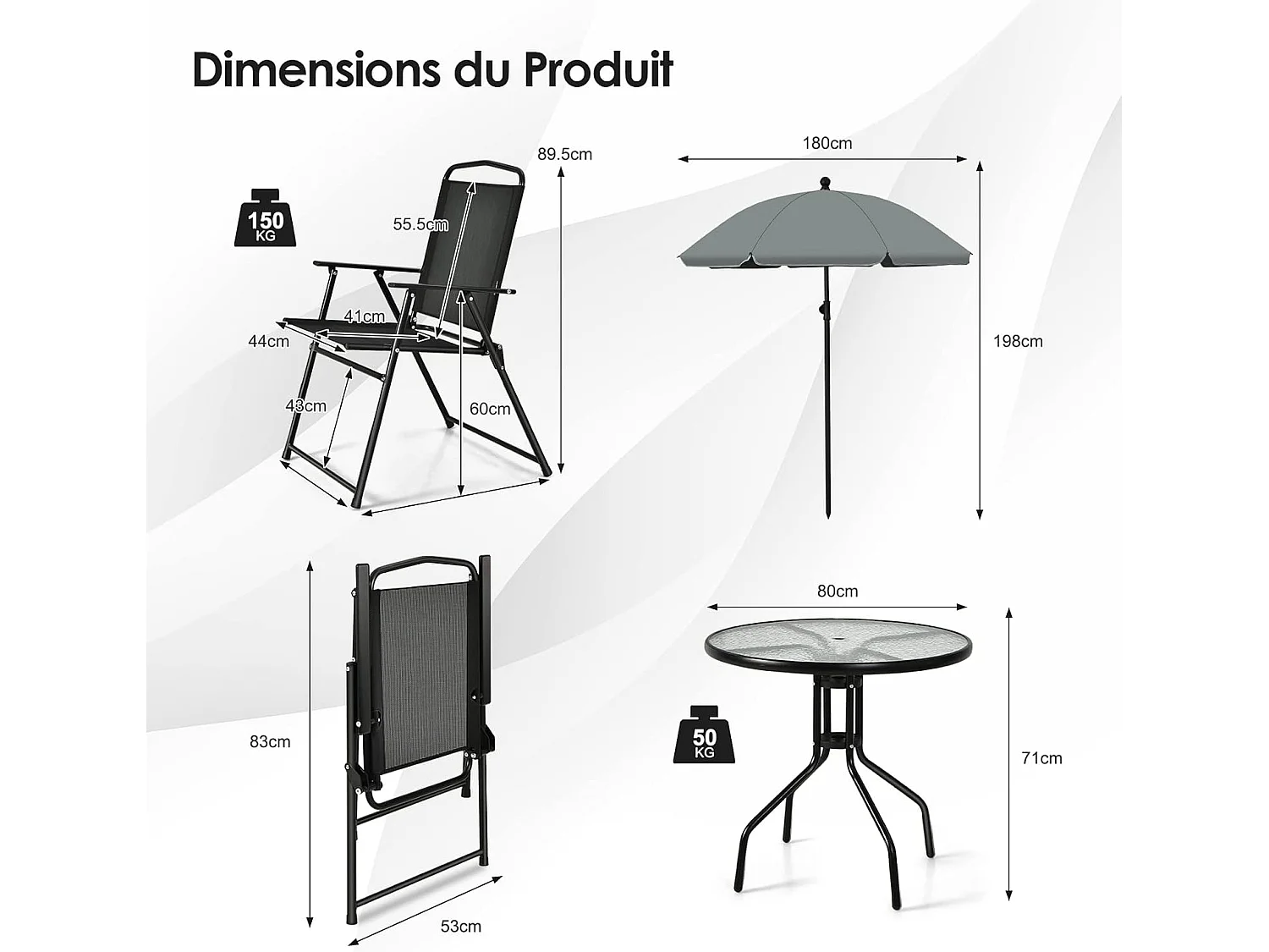 Ensemble Salon de Jardin 6 Pcs, 4 Chaises Pliantes Table Basse en Verre et Parasol, pour Terrasse, Piscine, Cour, Noir
