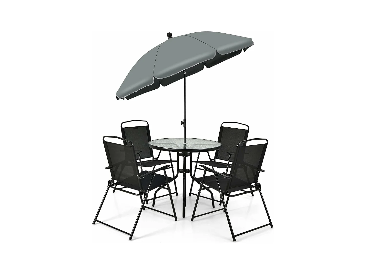 Ensemble Salon de Jardin 6 Pcs, 4 Chaises Pliantes Table Basse en Verre et Parasol, pour Terrasse, Piscine, Cour, Noir