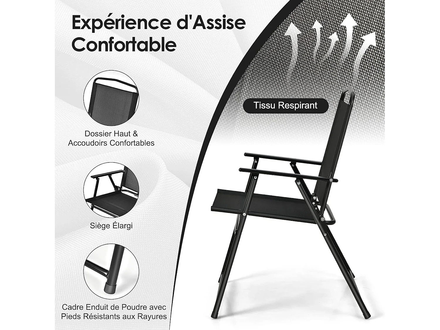 Ensemble Salon de Jardin 6 Pcs, 4 Chaises Pliantes Table Basse en Verre et Parasol, pour Terrasse, Piscine, Cour, Noir