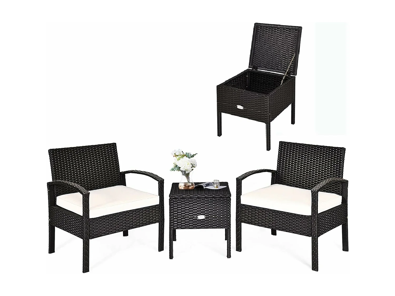 Ensemble de Meubles 3 Pcs de Patio en Rotin et fibre naturelle Charge 160KG, Salon de Jardin 2 Places, Table Basse  avec Coussins Lavables (Beige)