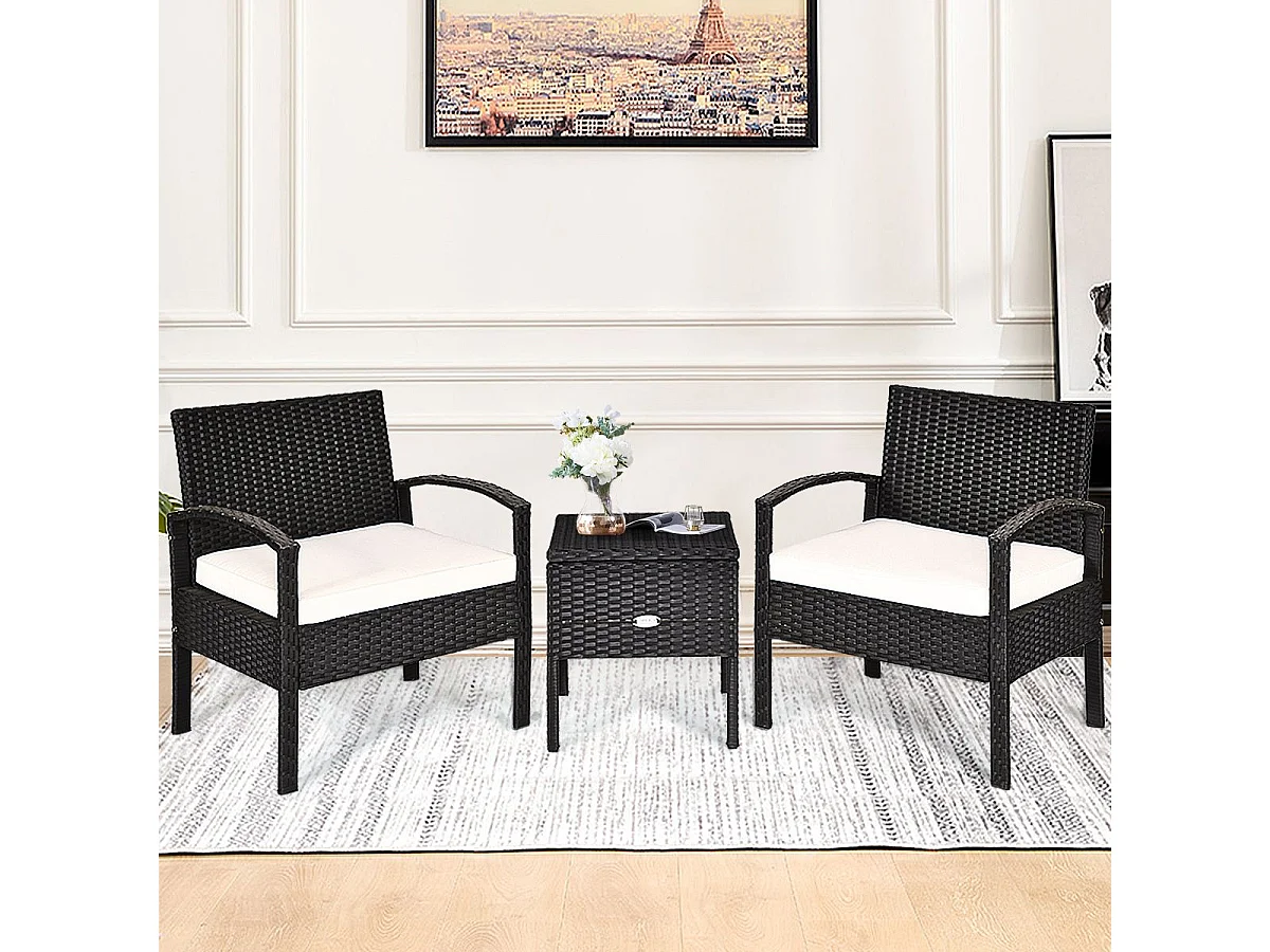 Ensemble de Meubles 3 Pcs de Patio en Rotin et fibre naturelle Charge 160KG, Salon de Jardin 2 Places, Table Basse  avec Coussins Lavables (Beige)