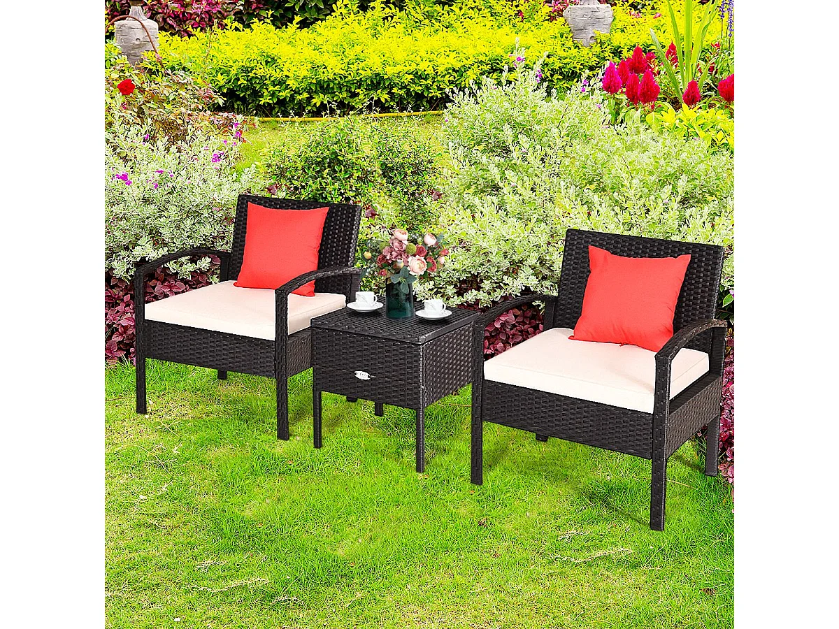 Ensemble de Meubles 3 Pcs de Patio en Rotin et fibre naturelle Charge 160KG, Salon de Jardin 2 Places, Table Basse  avec Coussins Lavables (Beige)