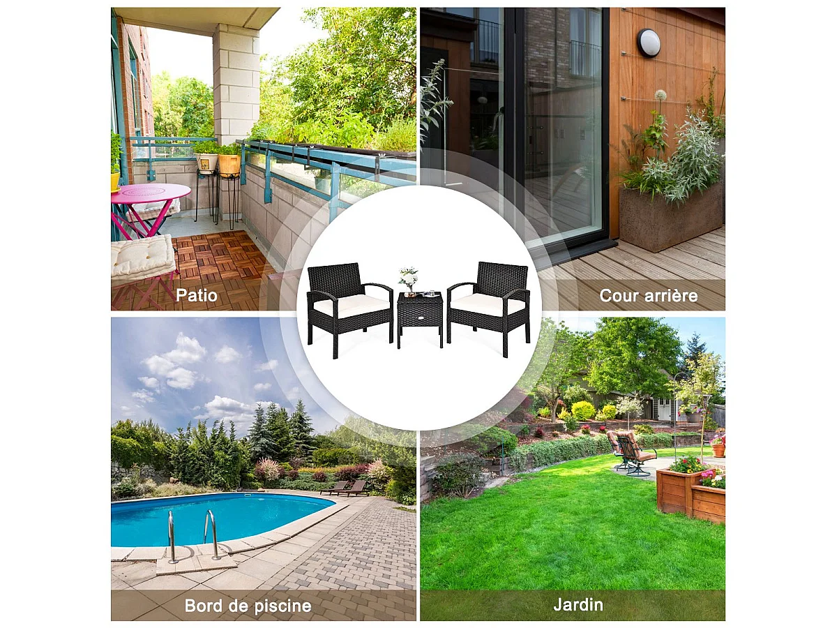 Ensemble de Meubles 3 Pcs de Patio en Rotin et fibre naturelle Charge 160KG, Salon de Jardin 2 Places, Table Basse  avec Coussins Lavables (Beige)