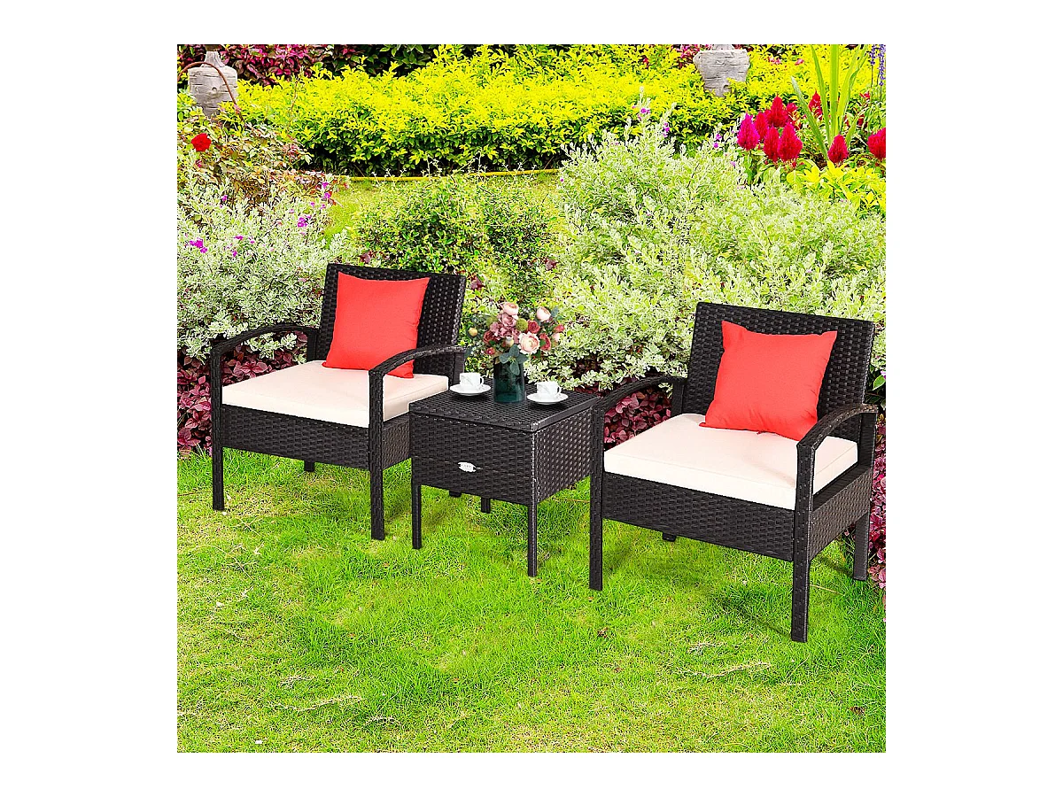 3-delige tuinmeubelset van rotan en natuurlijke vezels, belasting 160 kg, 2-zits tuinloungeset, salontafel met wasbare kussens (beige)
