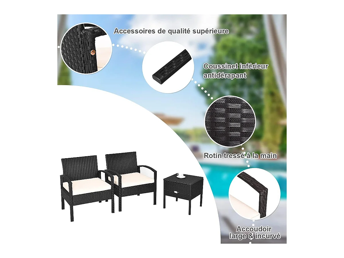 3-delige tuinmeubelset van rotan en natuurlijke vezels, belasting 160 kg, 2-zits tuinloungeset, salontafel met wasbare kussens (beige)