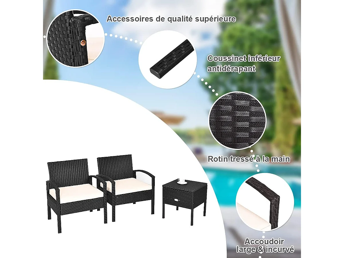 Ensemble de Meubles 3 Pcs de Patio en Rotin et fibre naturelle Charge 160KG, Salon de Jardin 2 Places, Table Basse  avec Coussins Lavables (Beige)