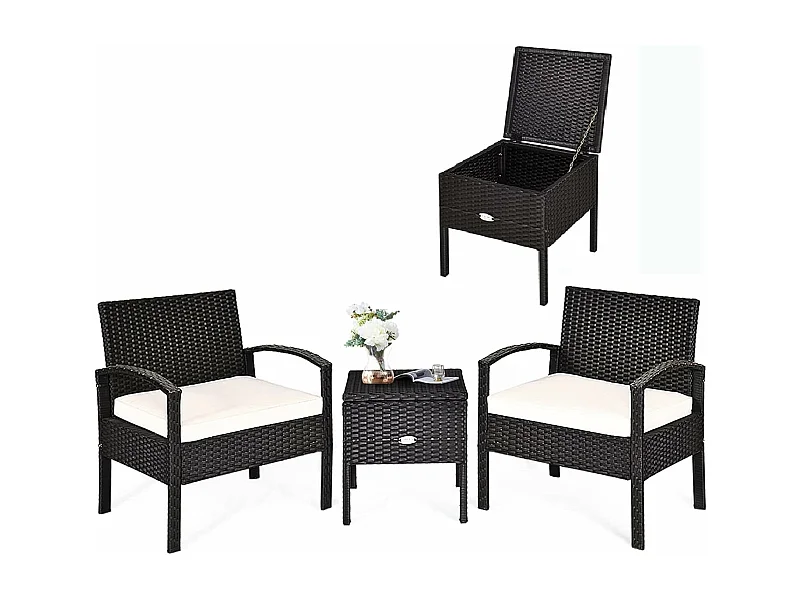 Ensemble de Meubles 3 Pcs de Patio en Rotin et fibre naturelle Charge 160KG, Salon de Jardin 2 Places, Table Basse  avec Coussins Lavables (Beige)