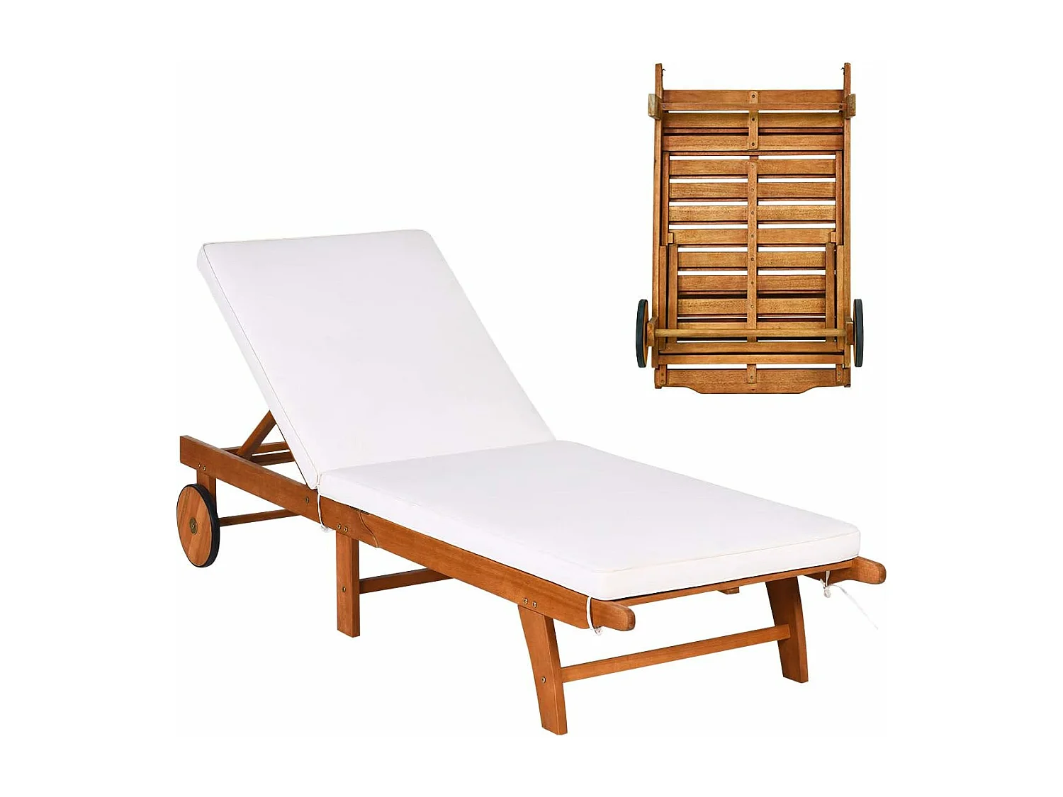 Bains de Soleil Pliable-Bois d'Eucalyptus/Chaise Longue avec Coussin à Roulettes-Dossier Réglable sur 6 Positions-Charge Max 160KG (1 pièces)