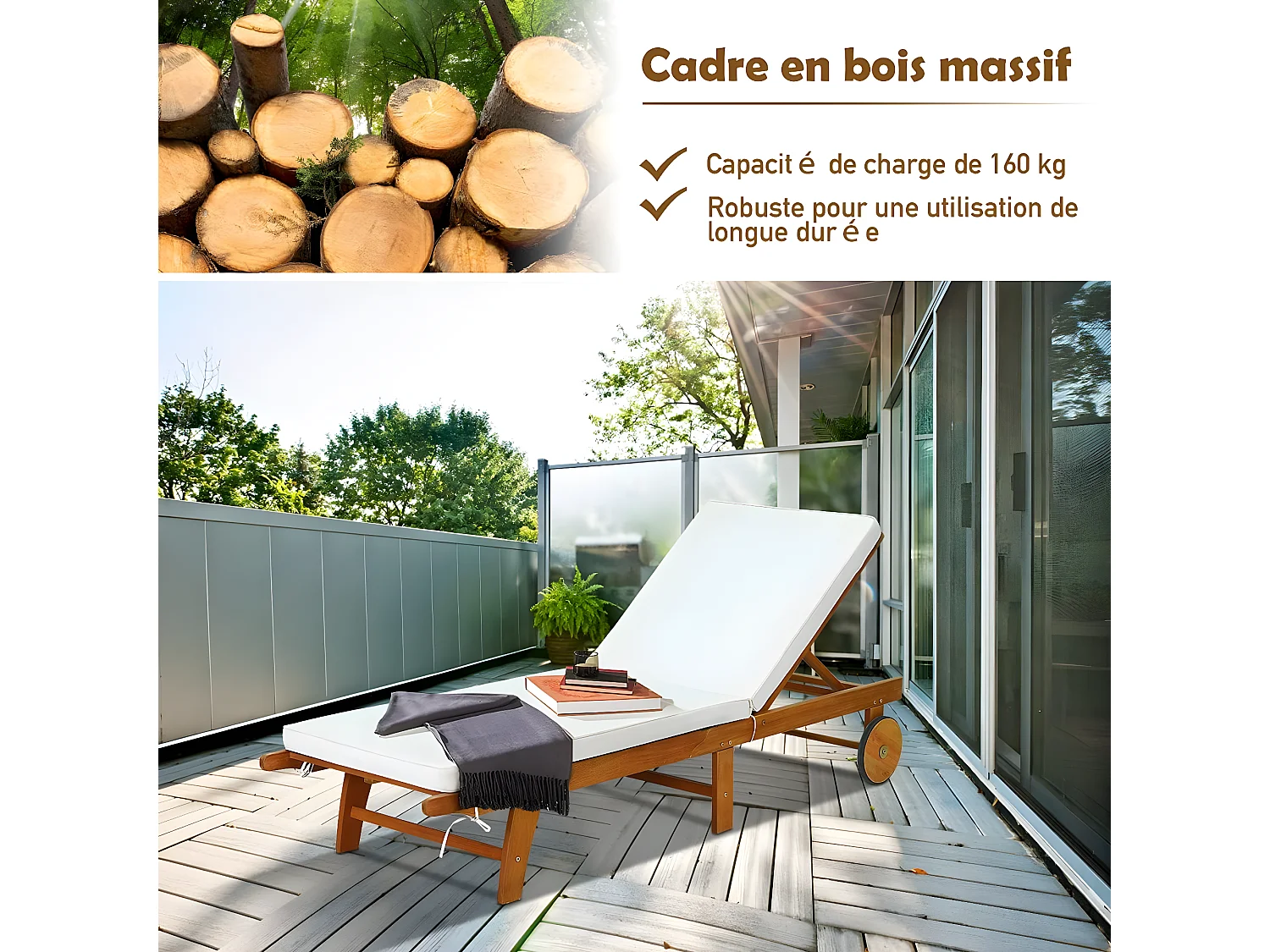 Bains de Soleil Pliable-Bois d'Eucalyptus/Chaise Longue avec Coussin à Roulettes-Dossier Réglable sur 6 Positions-Charge Max 160KG (1 pièces)