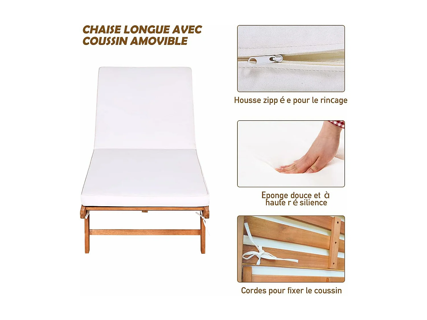 Bains de Soleil Pliable-Bois d'Eucalyptus/Chaise Longue avec Coussin à Roulettes-Dossier Réglable sur 6 Positions-Charge Max 160KG (1 pièces)