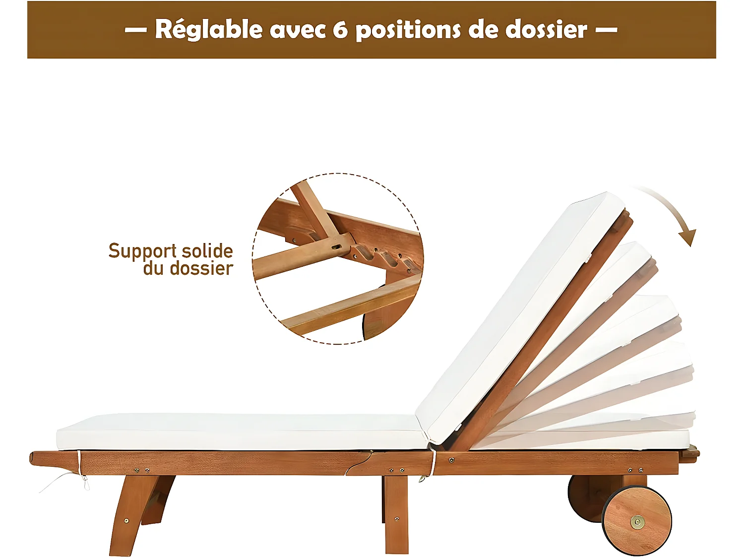 Bains de Soleil Pliable-Bois d'Eucalyptus/Chaise Longue avec Coussin à Roulettes-Dossier Réglable sur 6 Positions-Charge Max 160KG (1 pièces)