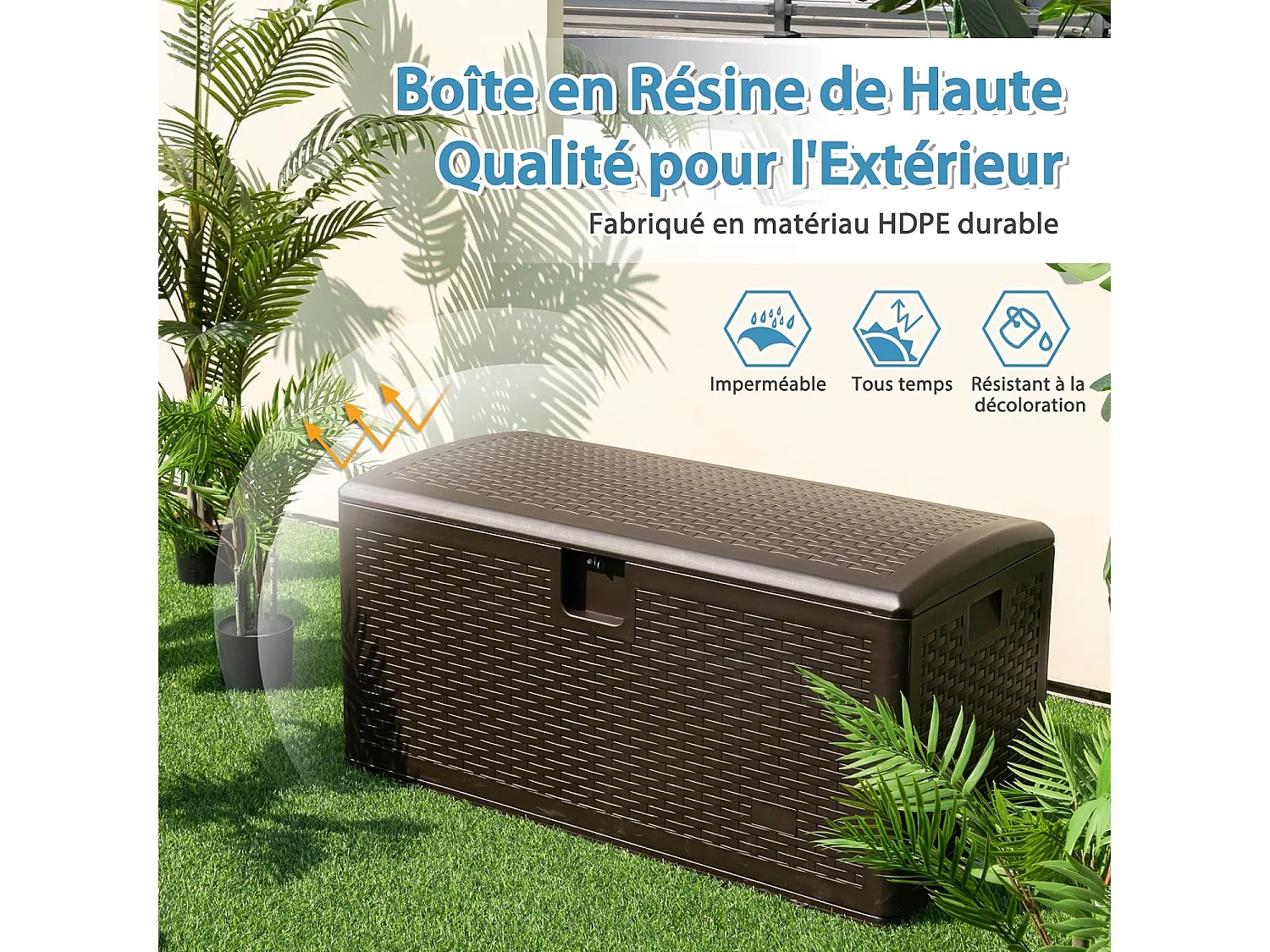 Coffre de Rangement Extérieure en HDPE 276L, Boîte de Rangement avec Couvercle Verrouillable, pour Ranger des Oreillers Outils Jouet Accessoires (114 x 54 x 56 cm)
