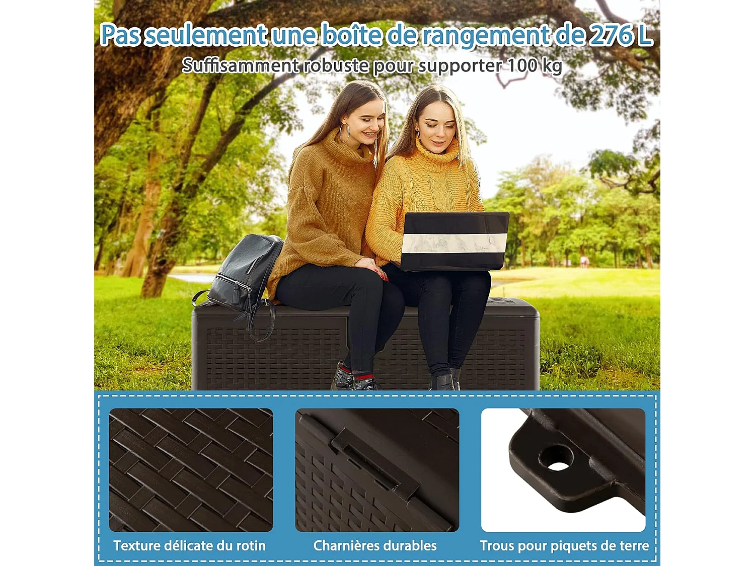 Coffre de Rangement Extérieure en HDPE 276L, Boîte de Rangement avec Couvercle Verrouillable, pour Ranger des Oreillers Outils Jouet Accessoires (114 x 54 x 56 cm)