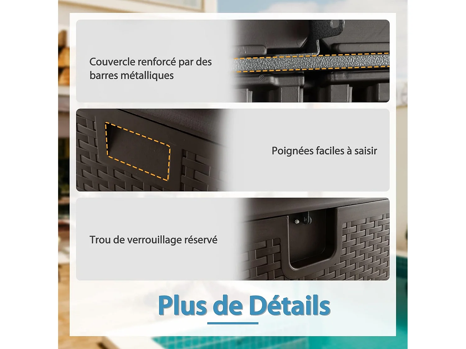 Coffre de Rangement Extérieure en HDPE 276L, Boîte de Rangement avec Couvercle Verrouillable, pour Ranger des Oreillers Outils Jouet Accessoires (114 x 54 x 56 cm)