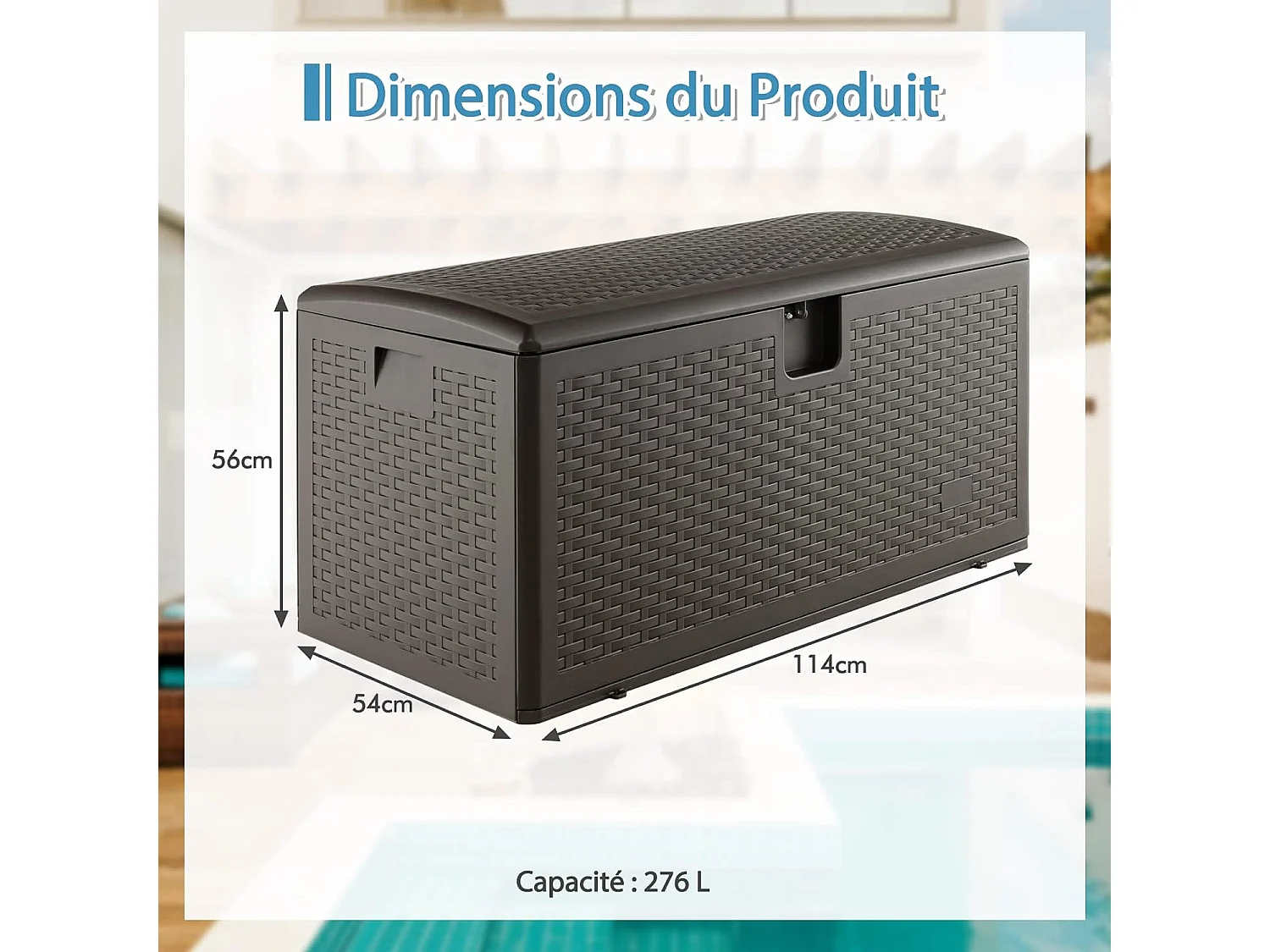 Coffre de Rangement Extérieure en HDPE 276L, Boîte de Rangement avec Couvercle Verrouillable, pour Ranger des Oreillers Outils Jouet Accessoires (114 x 54 x 56 cm)