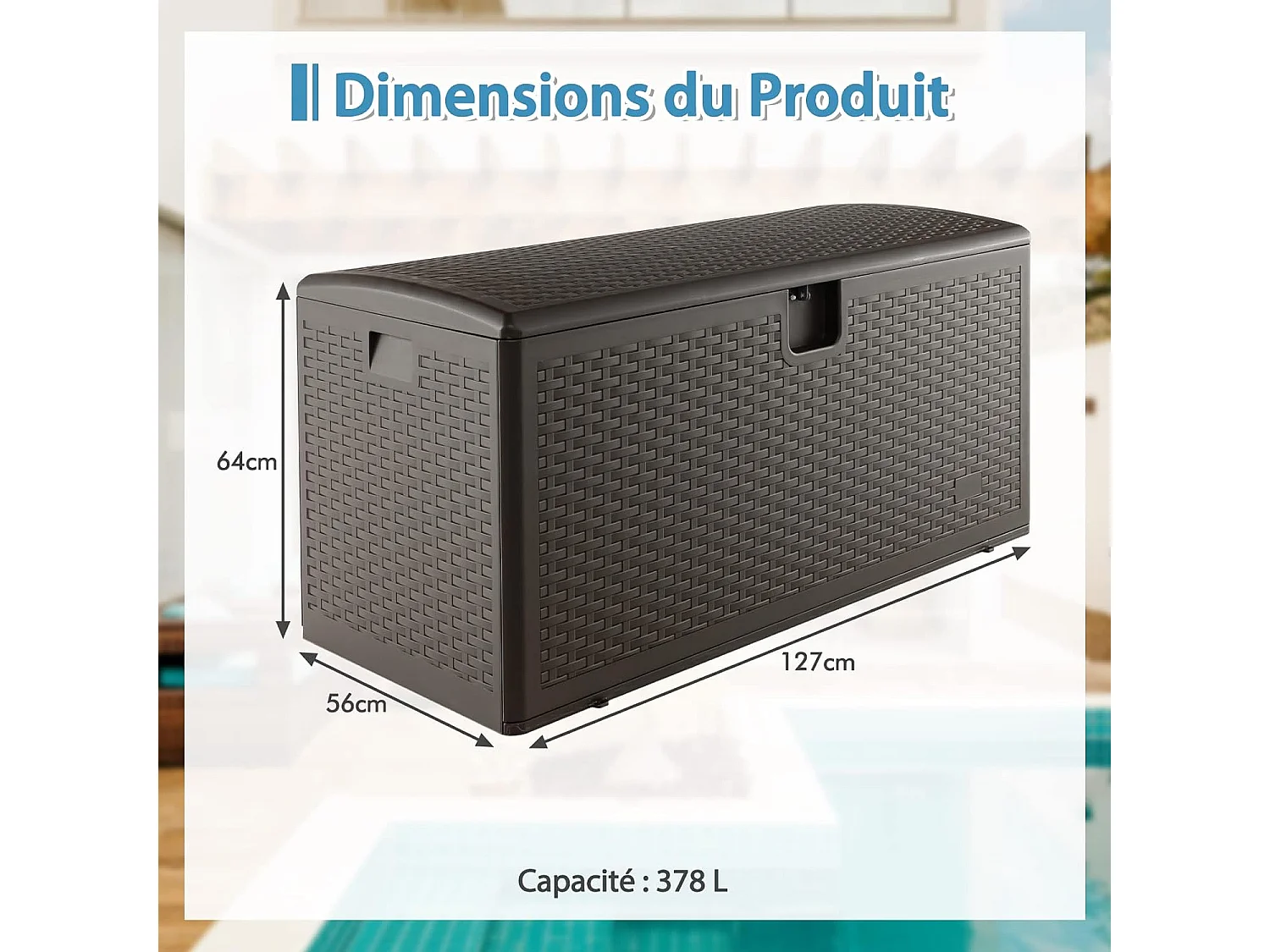 Coffre de Rangement Extérieure en HDPE 378L, Boîte de Rangement avec Couvercle Verrouillable, pour Ranger des Oreillers Outils Jouet Accessoires (127 x 56 x 64 cm)