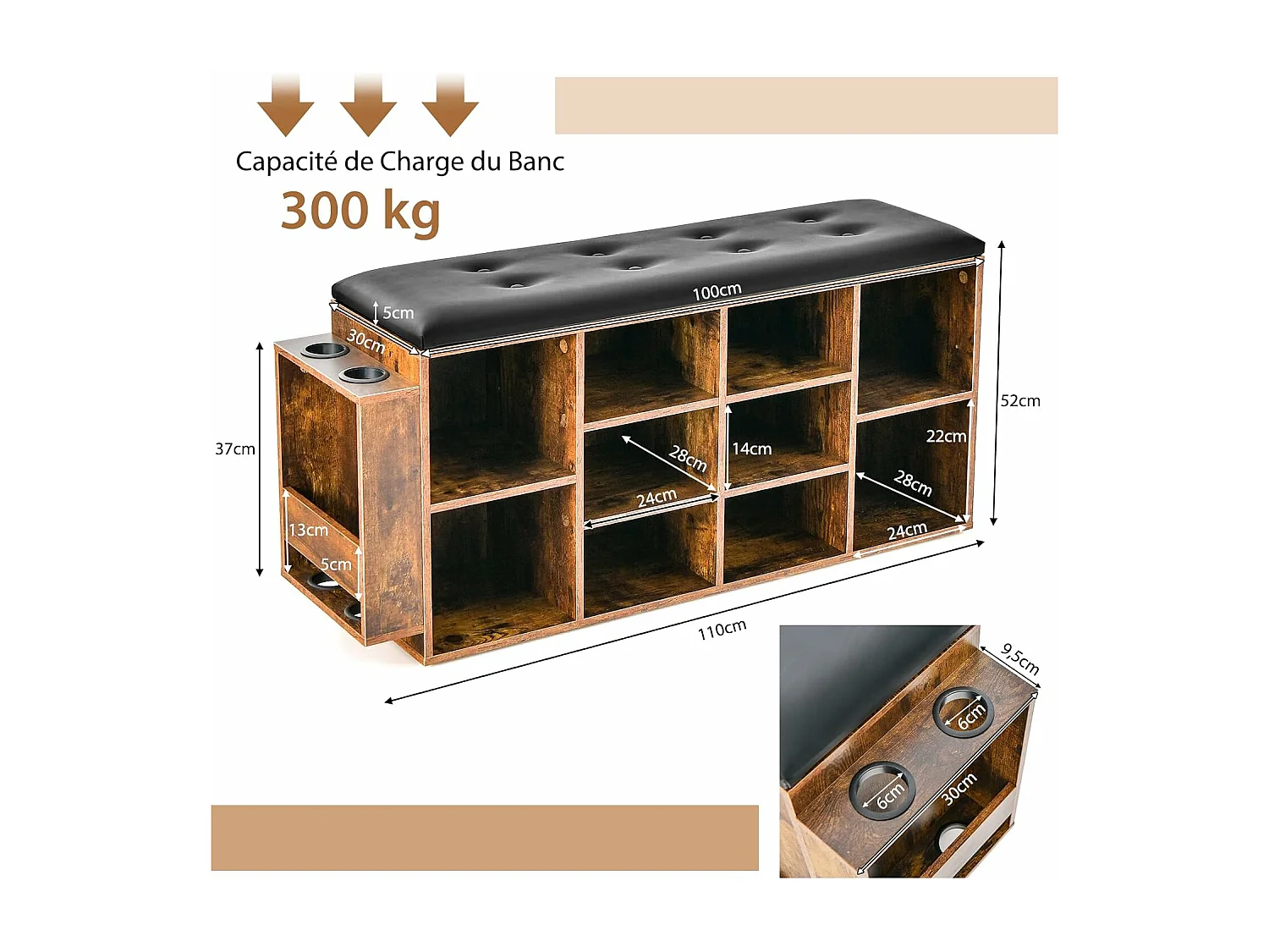Banc à Chaussures Avec Porte-parapluies - 10 Cases Rangement - Siège Rembourré - Style Industriel - Charge 300 Kg