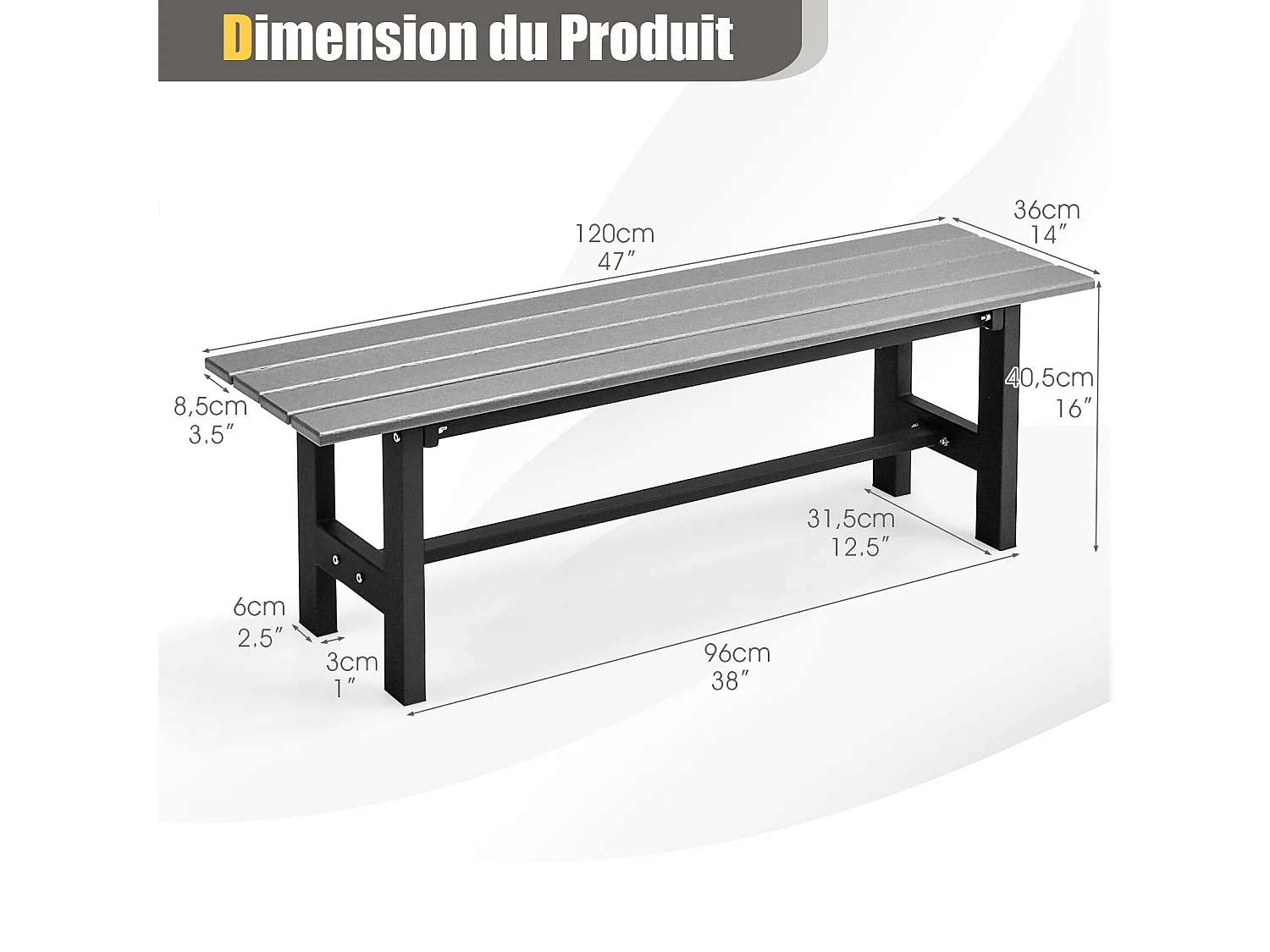 HDPE Tuinbank Metalen Frame voor 2 Personen, Rugloze Patiobank met Latten Zitting 120 x 36 x 40,5 cm, Belasting 300KG, voor Tuin Terras Binnenplaats (Grijs)