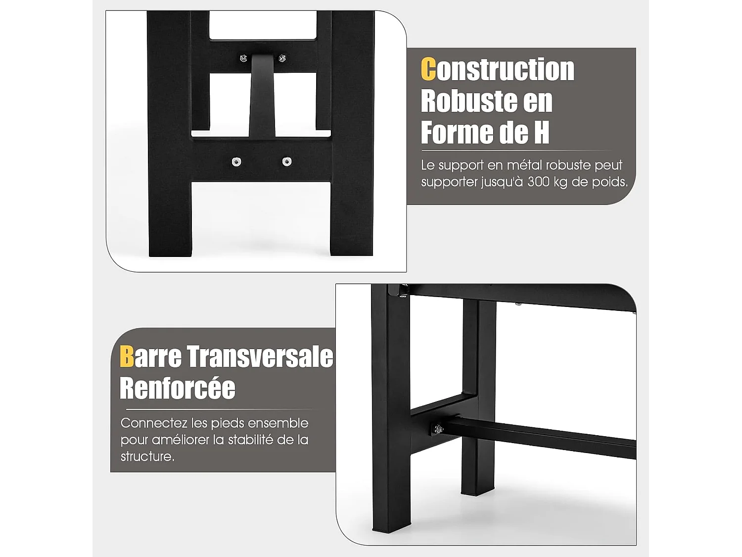 HDPE Tuinbank Metalen Frame voor 2 Personen, Rugloze Patiobank met Latten Zitting 120 x 36 x 40,5 cm, Belasting 300KG, voor Tuin Terras Binnenplaats (Grijs)