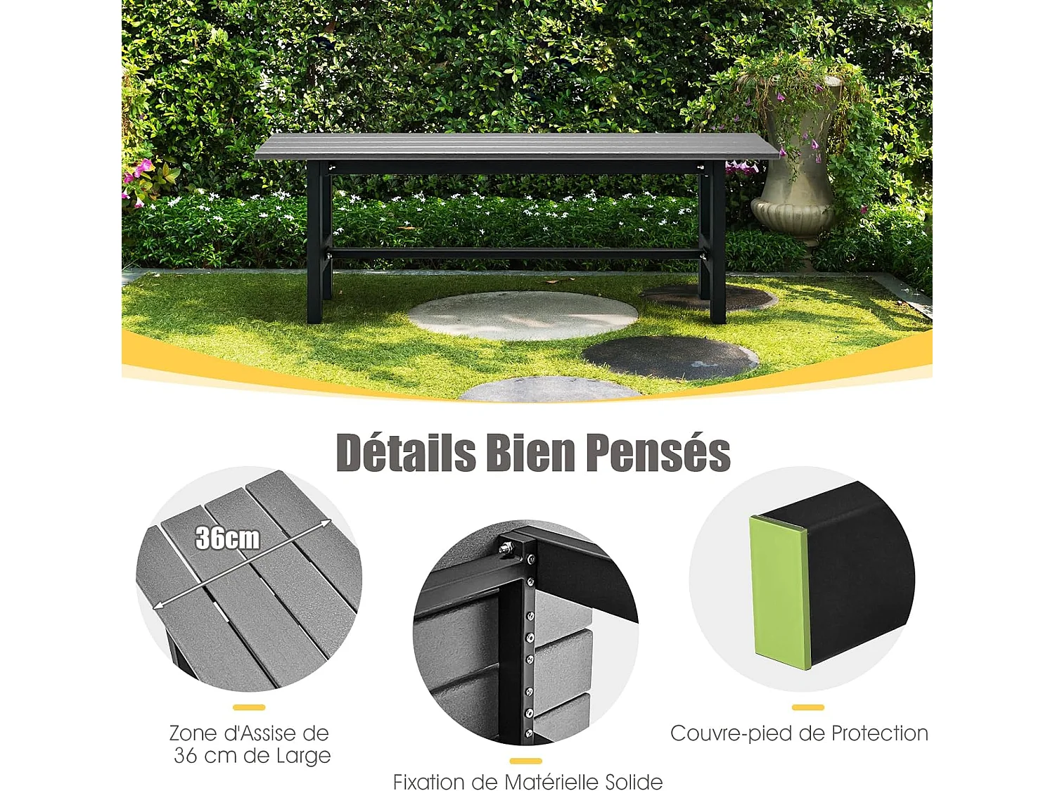 HDPE Tuinbank Metalen Frame voor 2 Personen, Rugloze Patiobank met Latten Zitting 120 x 36 x 40,5 cm, Belasting 300KG, voor Tuin Terras Binnenplaats (Grijs)