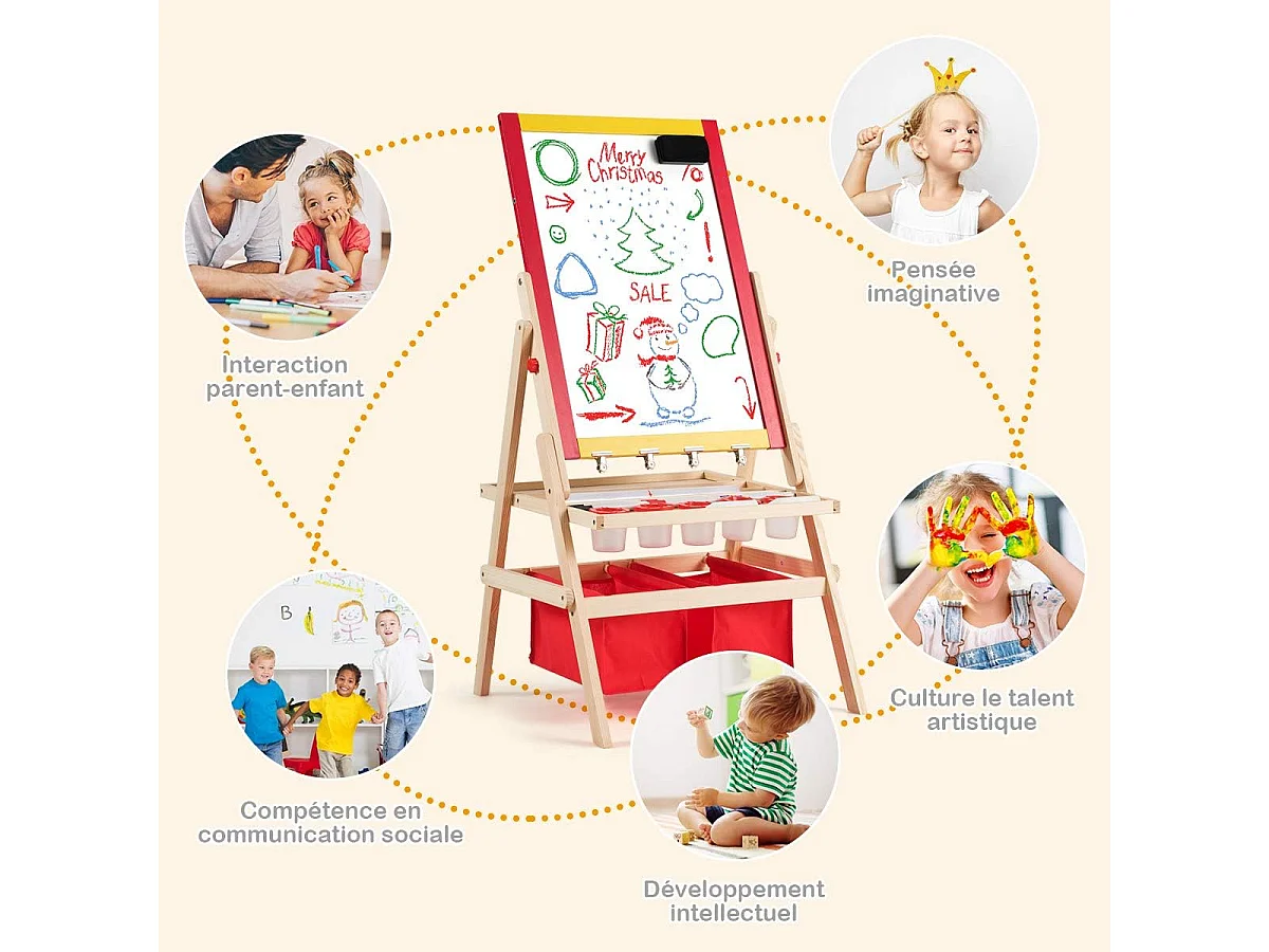 3 en 1 Chevalet pour Enfants en Bois de Pin Tableau Magnétique Double Face Accessoires Complets 52,5 x 51,5 x 106,5 cm