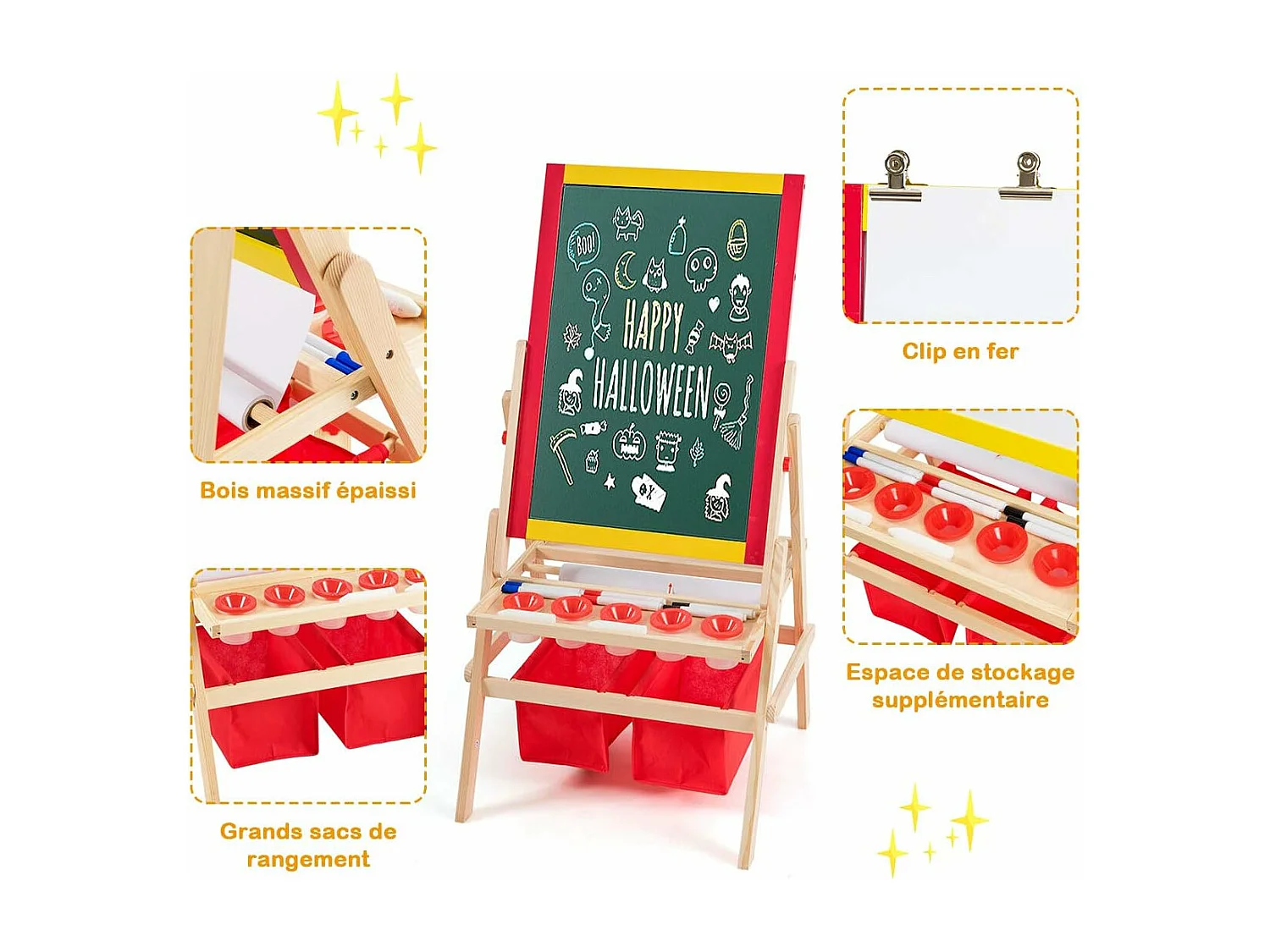 3 en 1 Chevalet pour Enfants en Bois de Pin Tableau Magnétique Double Face Accessoires Complets 52,5 x 51,5 x 106,5 cm