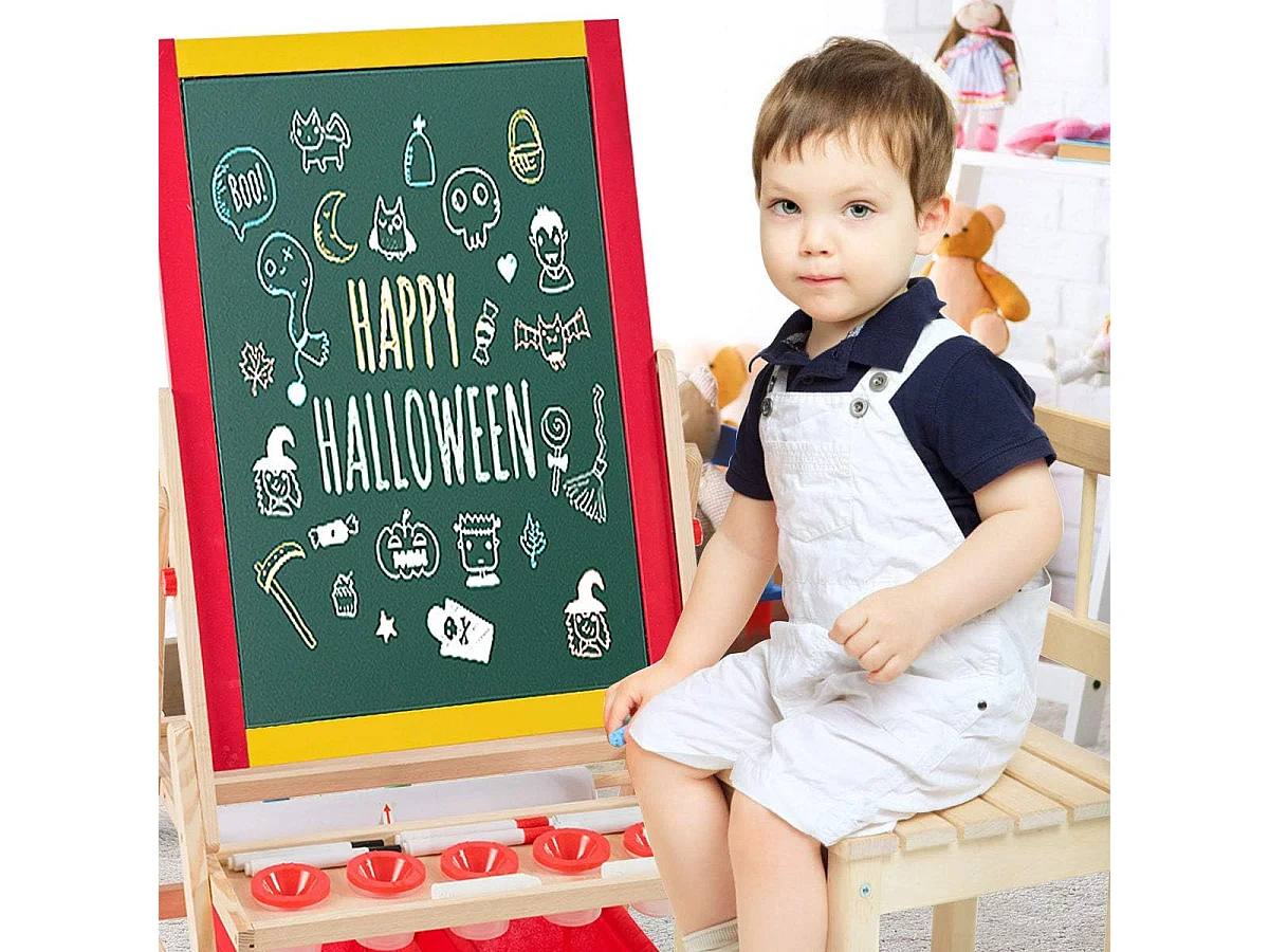 3 en 1 Chevalet pour Enfants en Bois de Pin Tableau Magnétique Double Face Accessoires Complets 52,5 x 51,5 x 106,5 cm