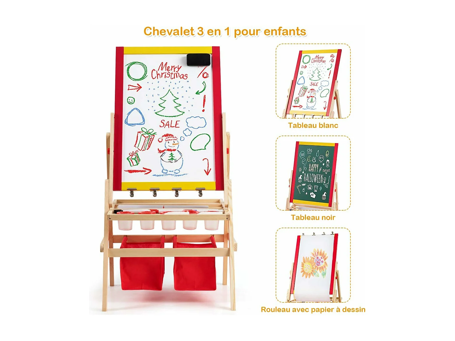 3 in 1 kinder-ezel, dubbelzijdig magnetisch bord van grenenhout, complete accessoires 52,5 x 51,5 x 106,5 cm