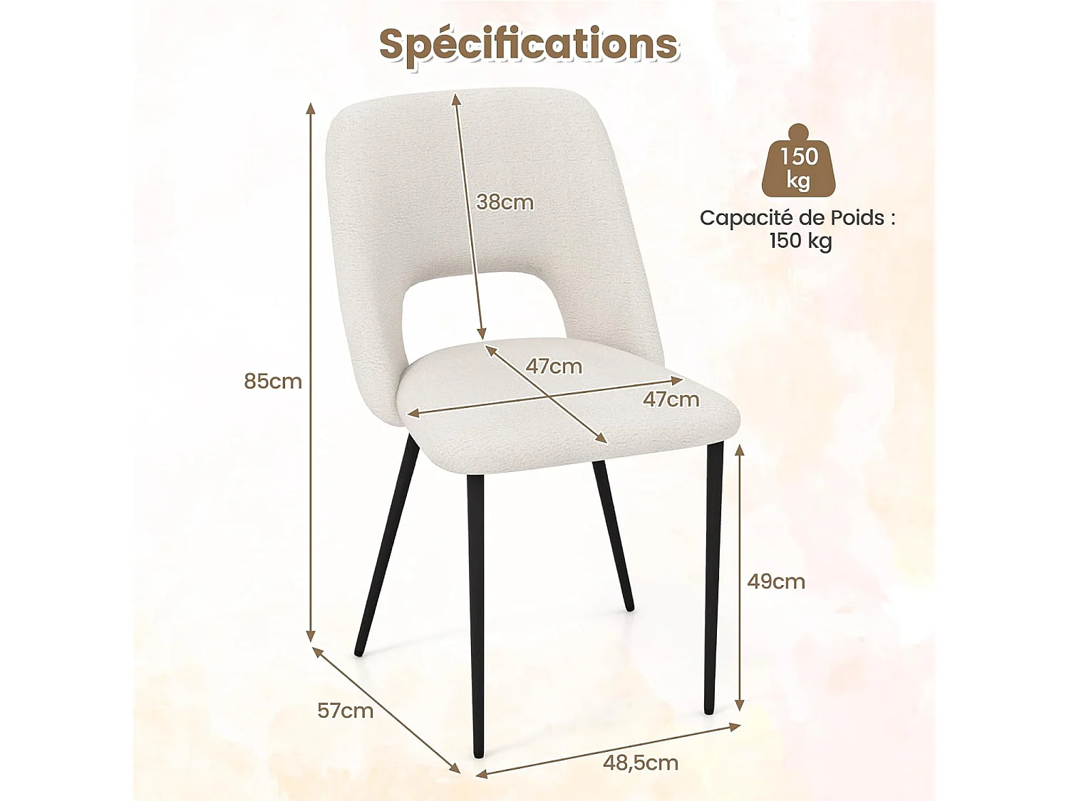 Chaises de Salle à Manger Lot de 2, Chaise Velour avec Dossier Creux, Pieds en Métal, Chaise Salon Rembourrée pour Cuisine, Chambre, Beige