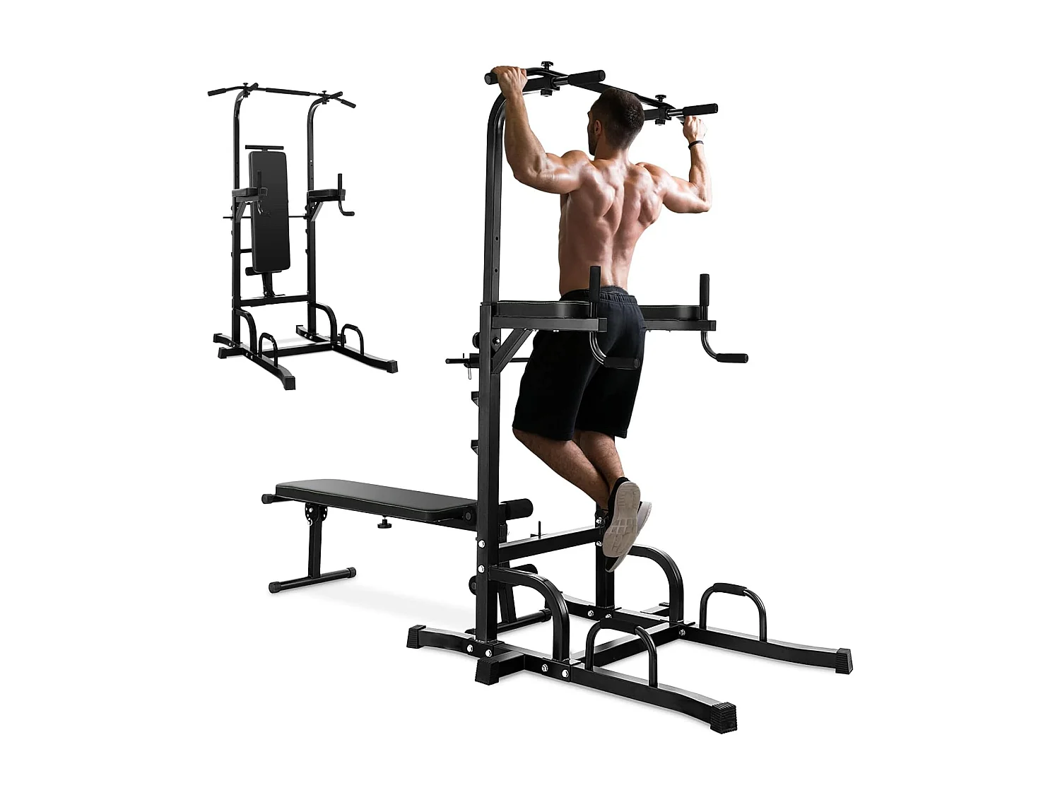 Station de Traction Musculation 7 Hauteurs 154-207CM avec Banc Pliable, Fitness Barre de Traction Charge 250kg