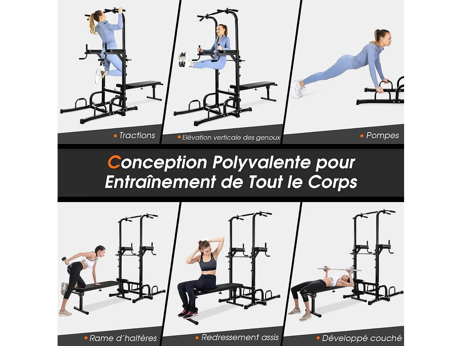 Station de Traction Musculation 7 Hauteurs 154-207CM avec Banc Pliable, Fitness Barre de Traction Charge 250kg