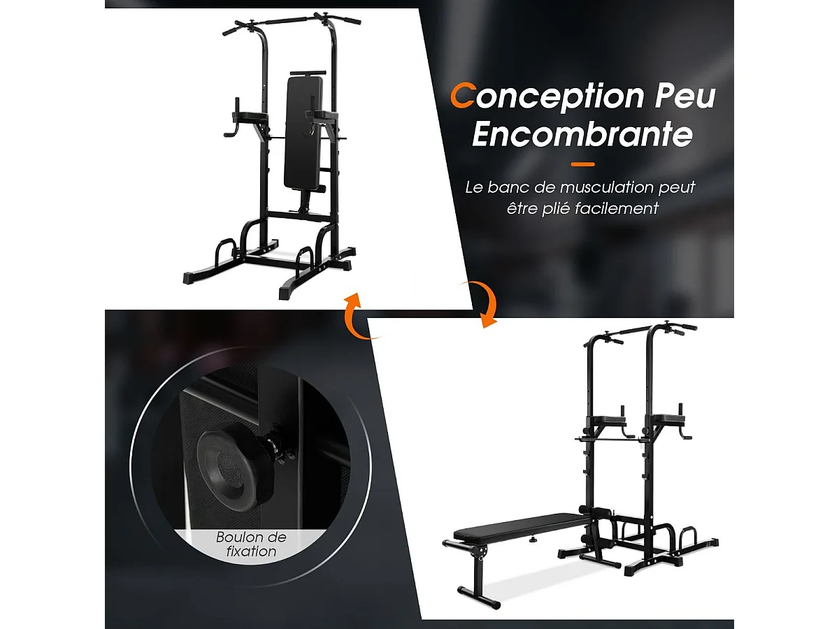 Station de Traction Musculation 7 Hauteurs 154-207CM avec Banc Pliable, Fitness Barre de Traction Charge 250kg