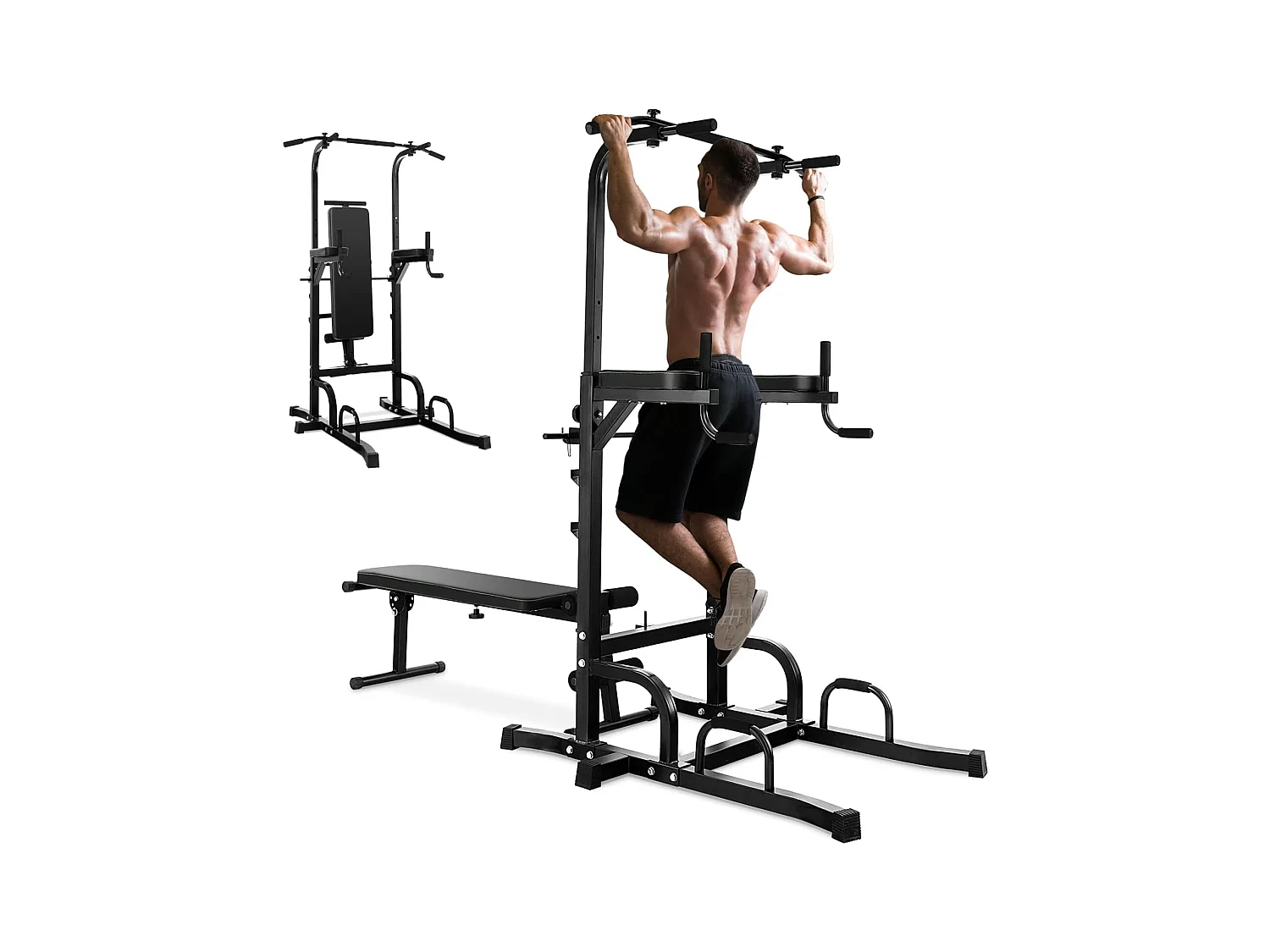 Station de Traction Musculation 7 Hauteurs 154-207CM avec Banc Pliable, Fitness Barre de Traction Charge 250kg