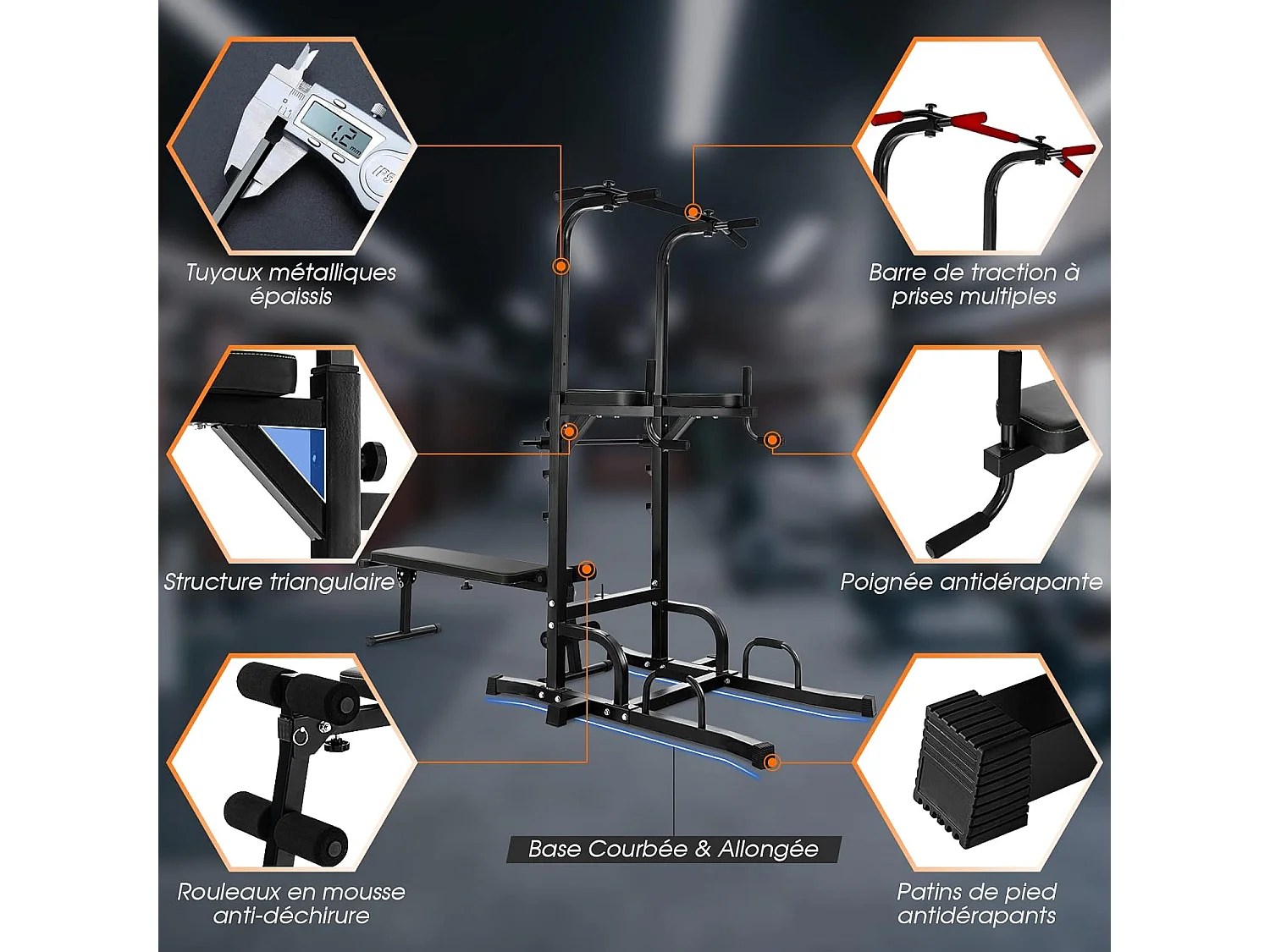 Station de Traction Musculation 7 Hauteurs 154-207CM avec Banc Pliable, Fitness Barre de Traction Charge 250kg