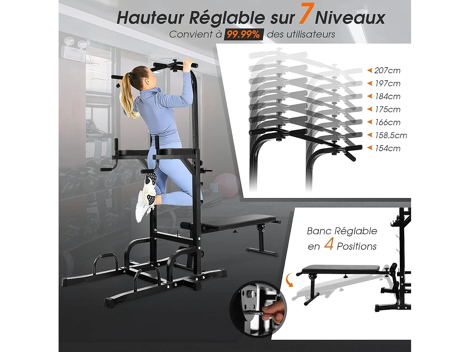 Station de Traction Musculation 7 Hauteurs 154-207CM avec Banc Pliable, Fitness Barre de Traction Charge 250kg