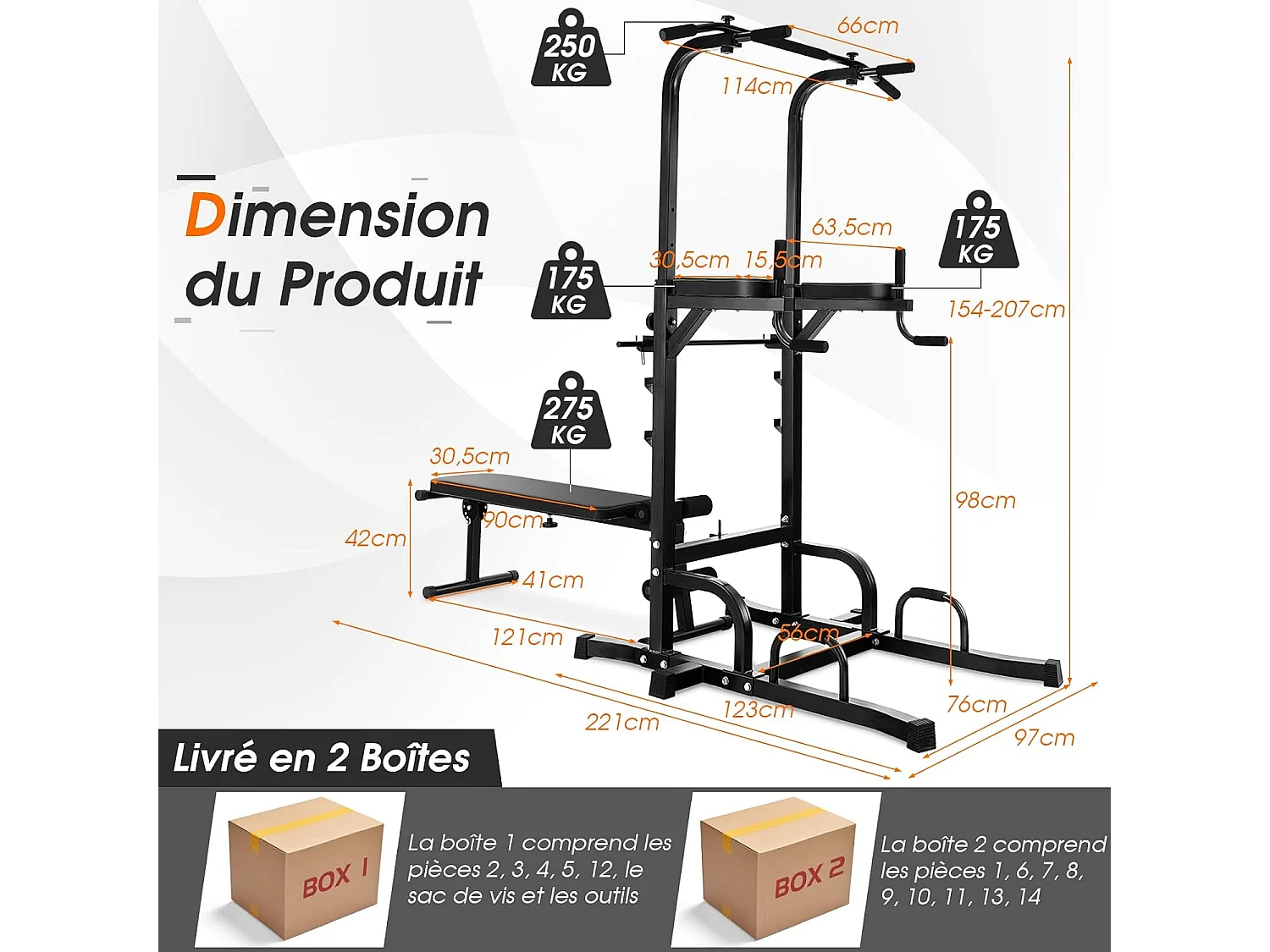 Station de Traction Musculation 7 Hauteurs 154-207CM avec Banc Pliable, Fitness Barre de Traction Charge 250kg