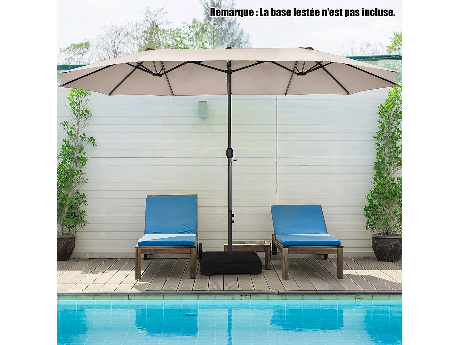 Parasol de Jardin Double XXL 470x280 CM 12 Côtes Manivelle Cadre Métal Toile Polyester 3 Trous d'Aération Poteau 48MM Beige