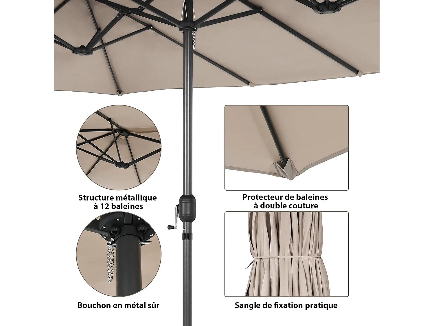 Parasol de Jardin Double XXL 470x280 CM 12 Côtes Manivelle Cadre Métal Toile Polyester 3 Trous d'Aération Poteau 48MM Beige