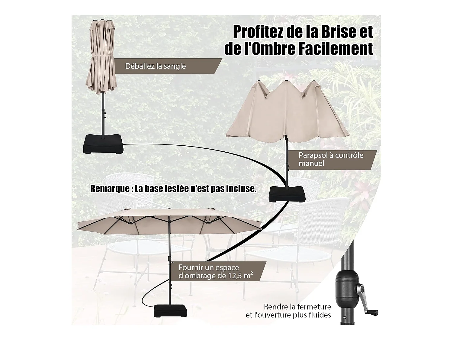 Parasol de Jardin Double XXL 470x280 CM 12 Côtes Manivelle Cadre Métal Toile Polyester 3 Trous d'Aération Poteau 48MM Beige