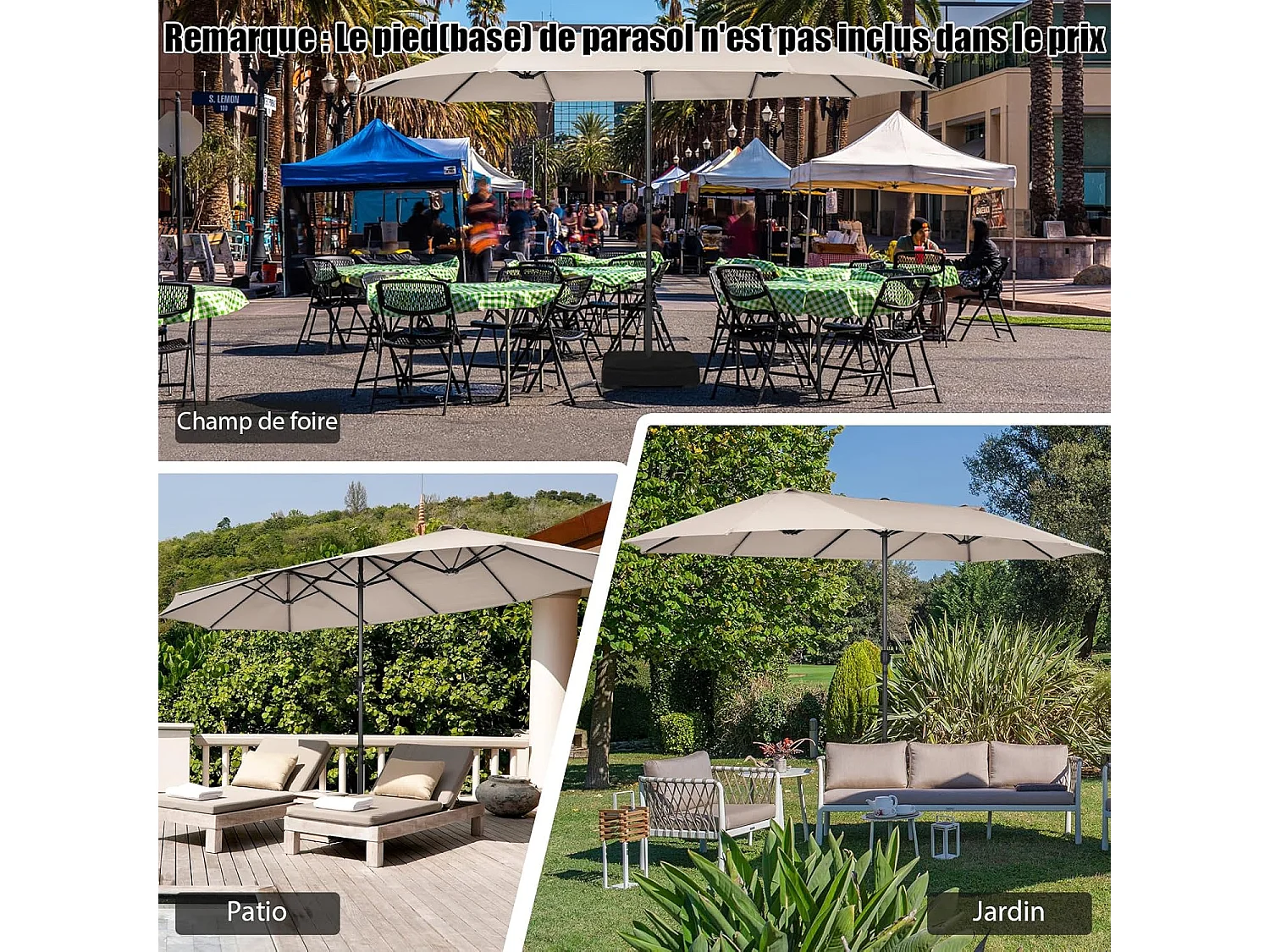 Parasol de Jardin Double XXL 470x280 CM 12 Côtes Manivelle Cadre Métal Toile Polyester 3 Trous d'Aération Poteau 48MM Beige